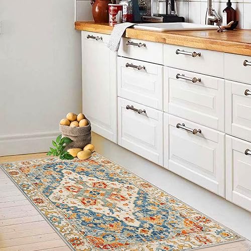 Miniatura 6 de Alfombra bohemia de 2 x 4 pies, lavable, vintage, para interiores, cubierta de suelo, antideslizante, alfombra bohemia plegable, exquisita alfombra