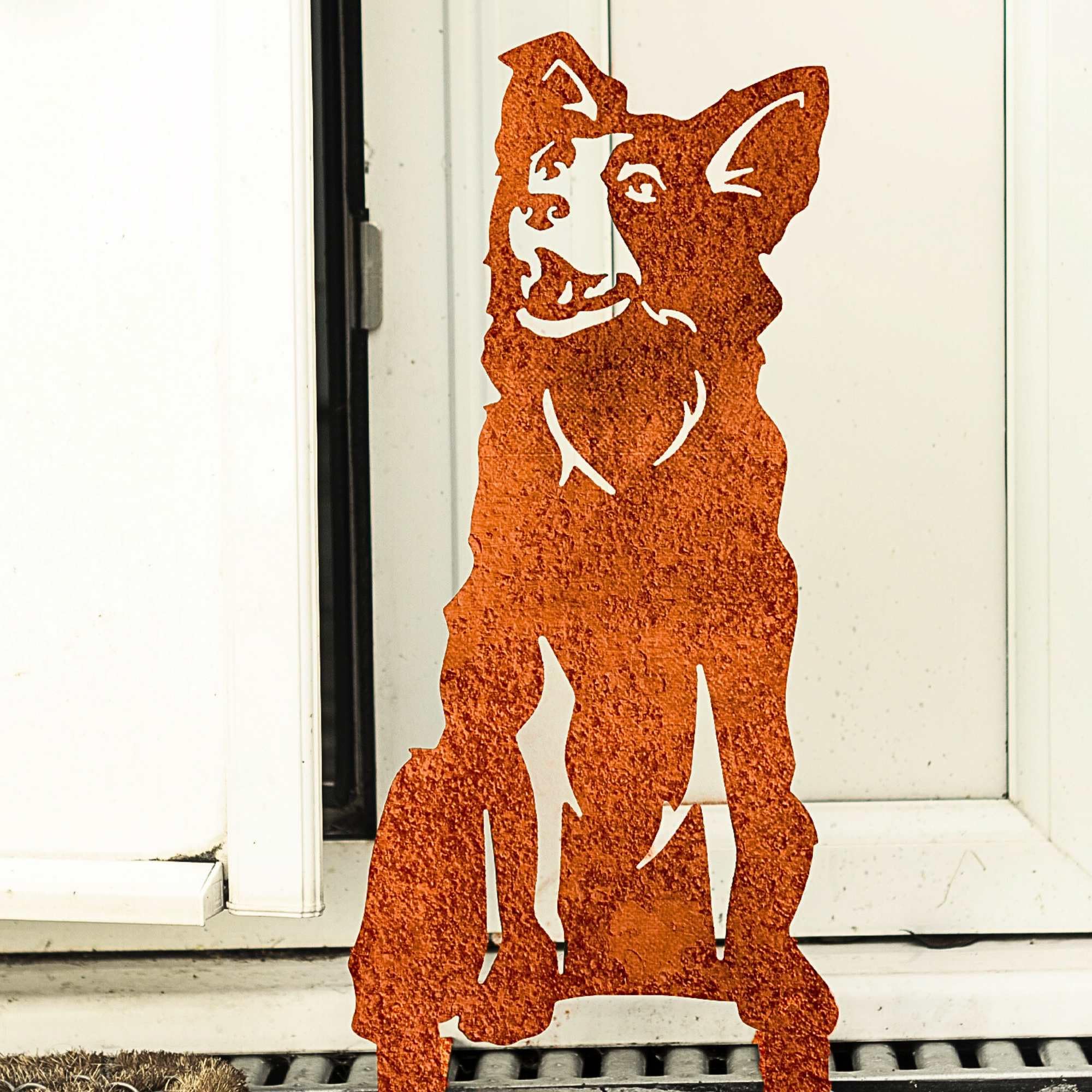 Dog Loss Garden Memorial Stone Border Collie Australian Shepherd Statue Pet Grave Plaque Gift Metal Outdoor Ornament Sympathy Ashes Urn Headstone Sculpture (Red, Gold, Brown Collie - Natural Oxidised)