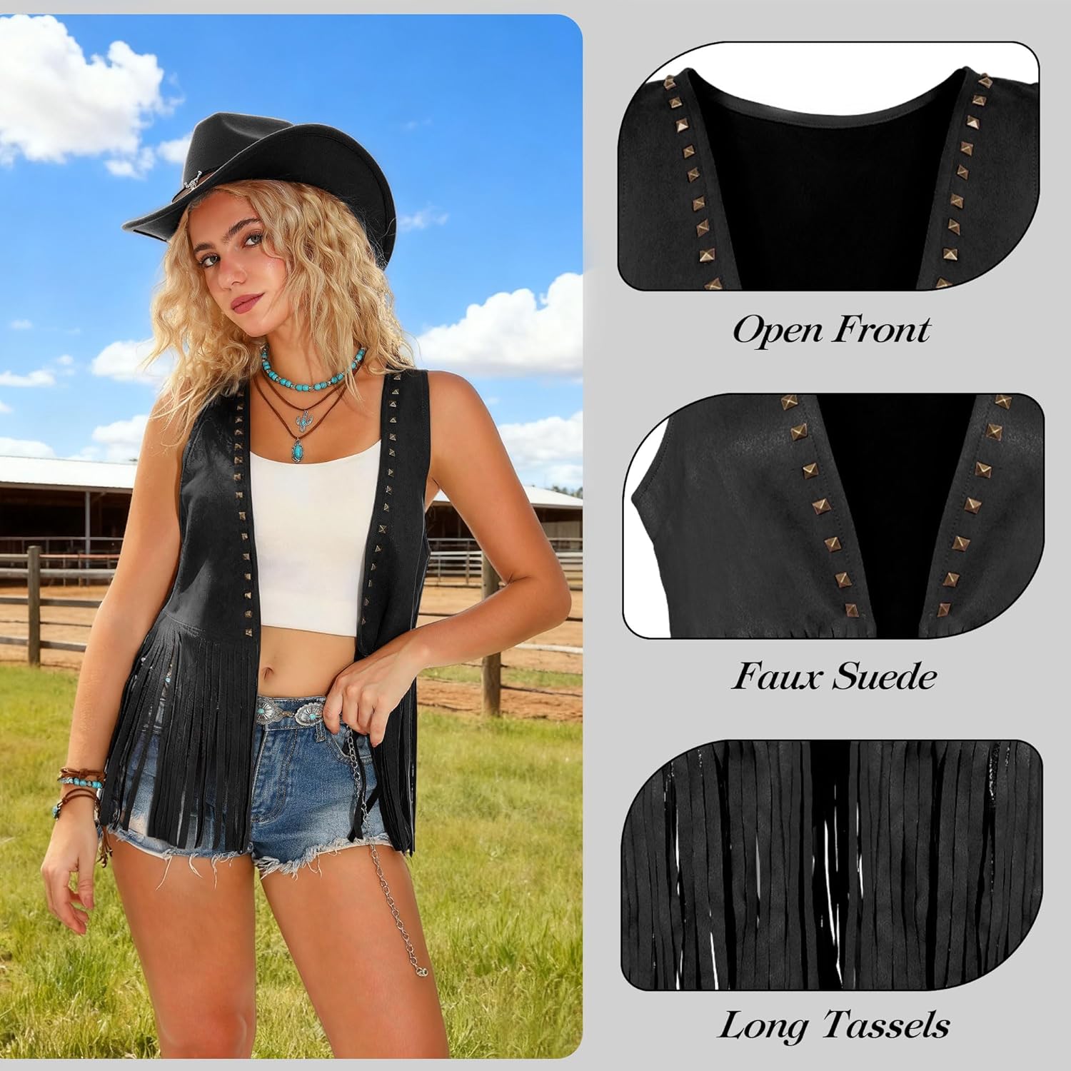 Womens Western Cowgirl Costume Cowboy Outfits Tassels Fringe Vest Hat 7pcs Set - Image 2
