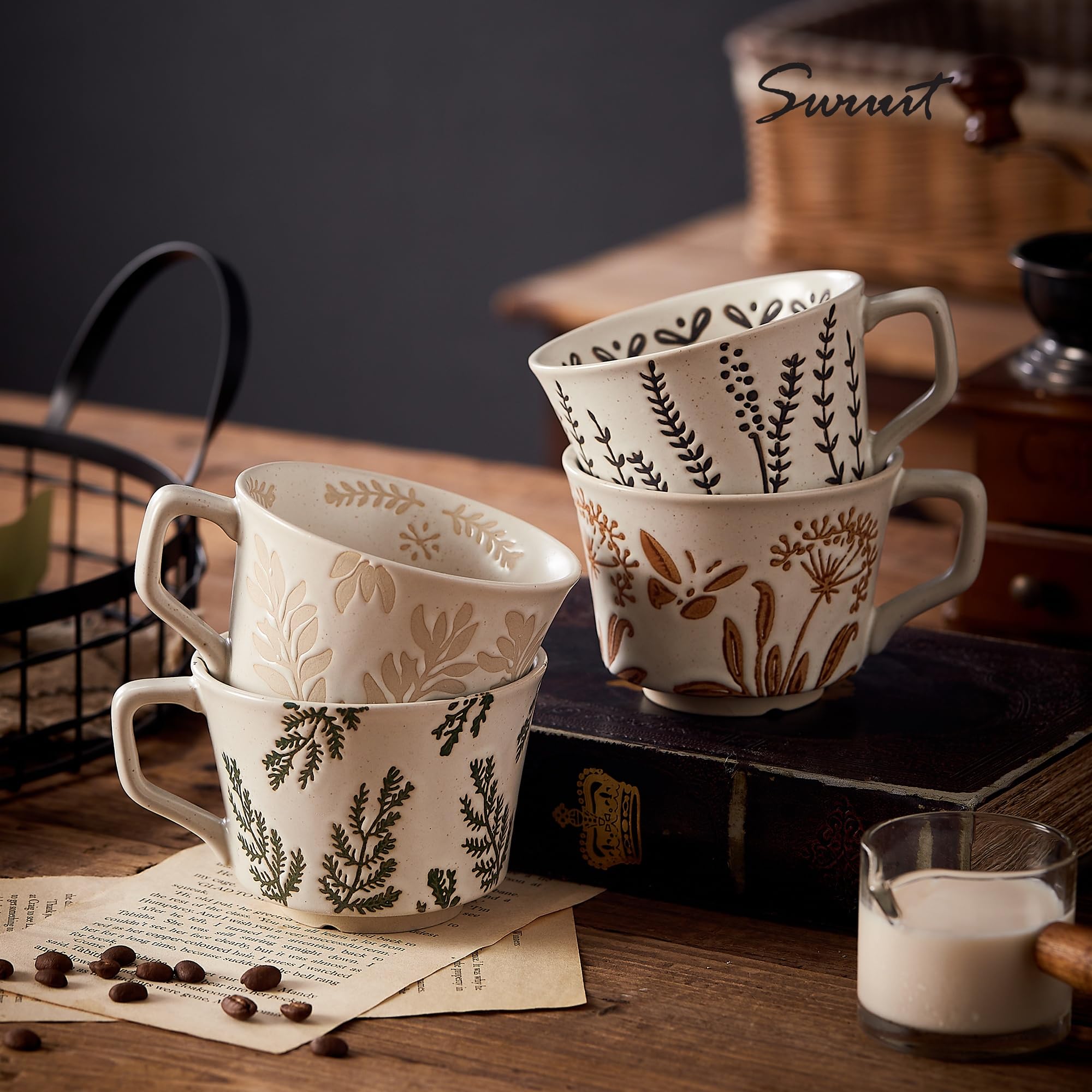 Tazze da caffè in ceramica vintage da 350 ml, realizzate a mano, grandi e impilabili, per latte macchiato grande e caffè da campeggio, con disegni di piante (set da 4)