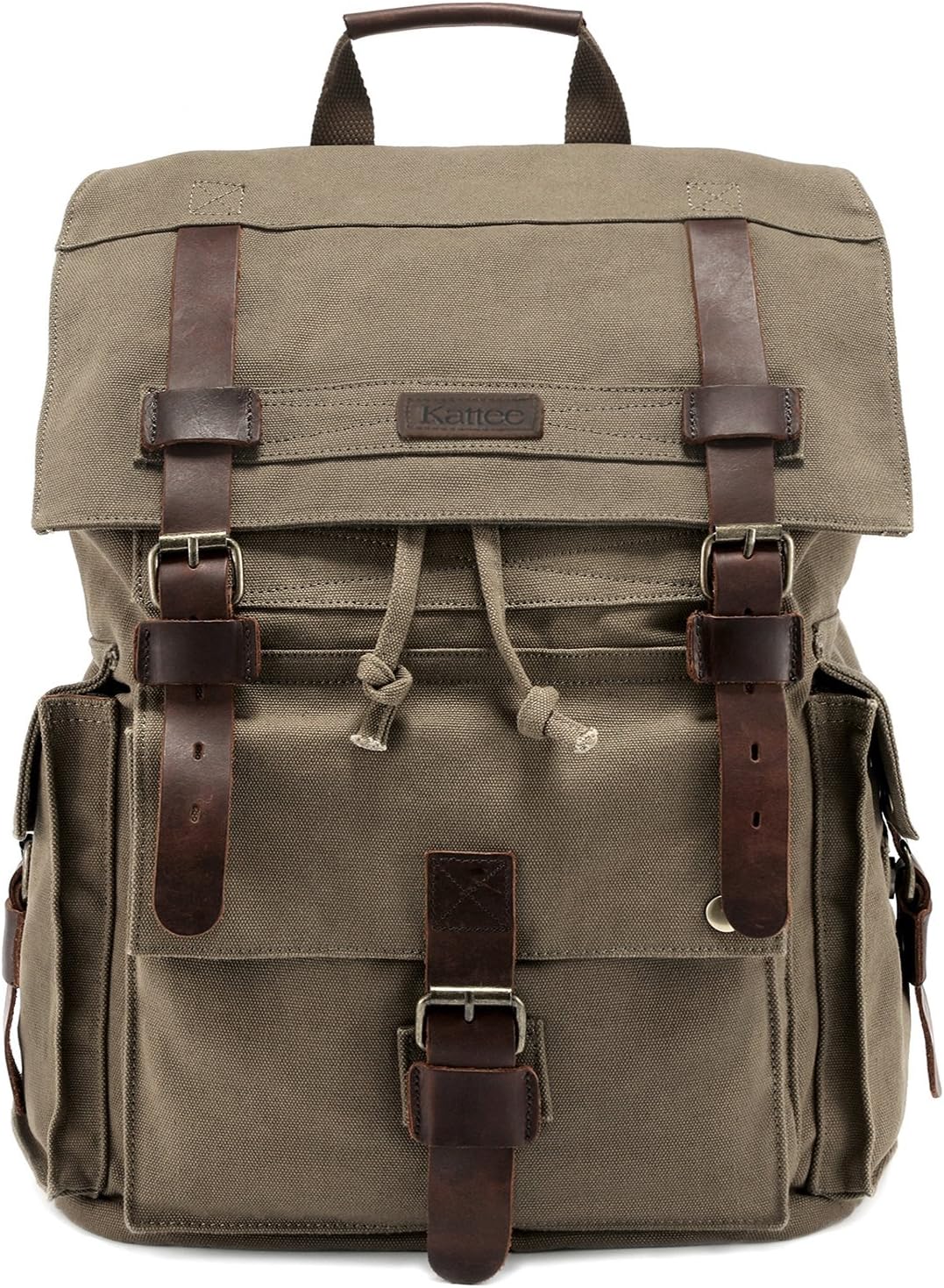 Kattee Men's Leather Canvas Backpack Large School Bag Travel Rucksack Army Green