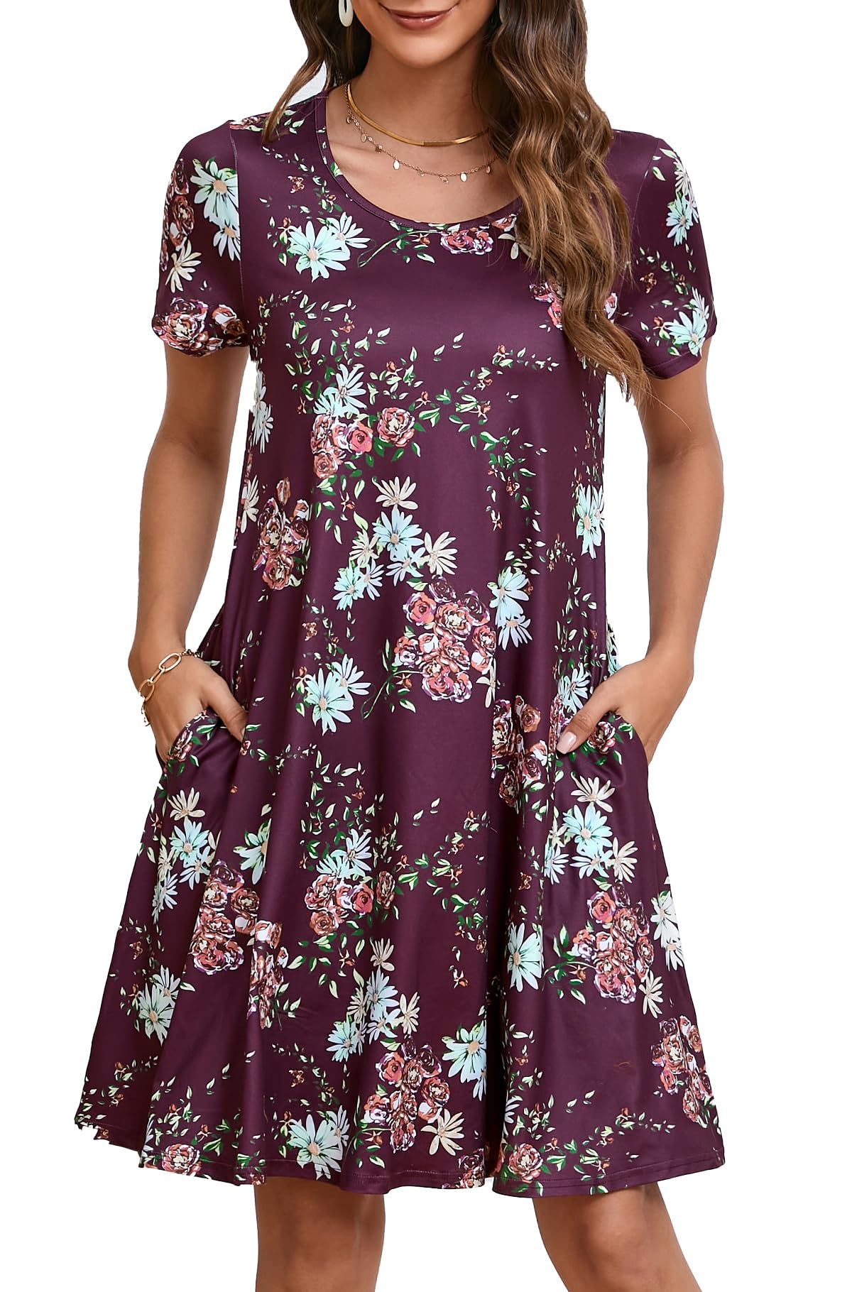 Enmain Vestido Camiseta Mujer Manga Corta Vestido Túnica Verano con Bolsillos Casual Boho Vestidos hasta la Rodilla para Mujer