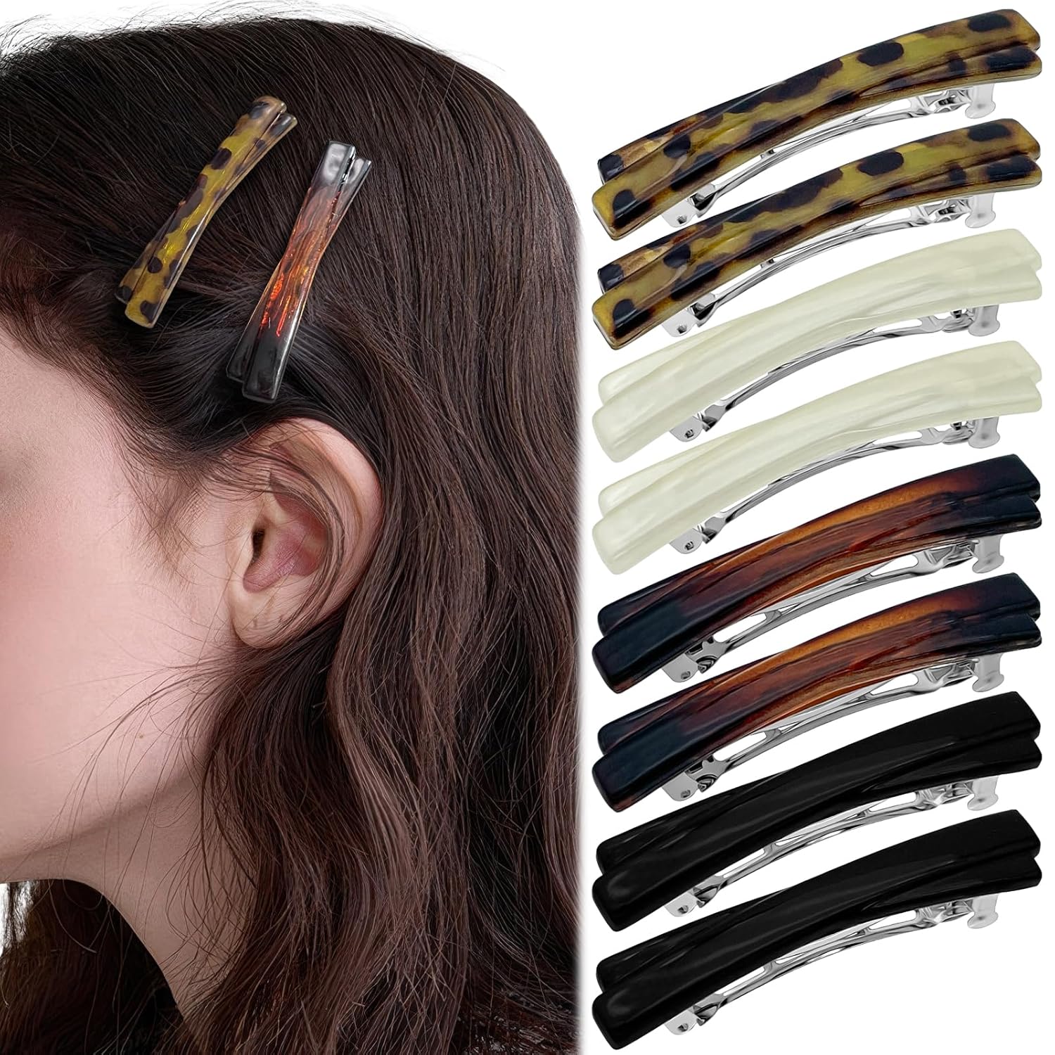 8Pcs French Barrette Hair Clips for Women Tortoise Shell Hair Barrettes Small Curved Glossy Flat Hair Clip Strong Hold Grip No Slip Hair Styling Accessories for Women Girls
