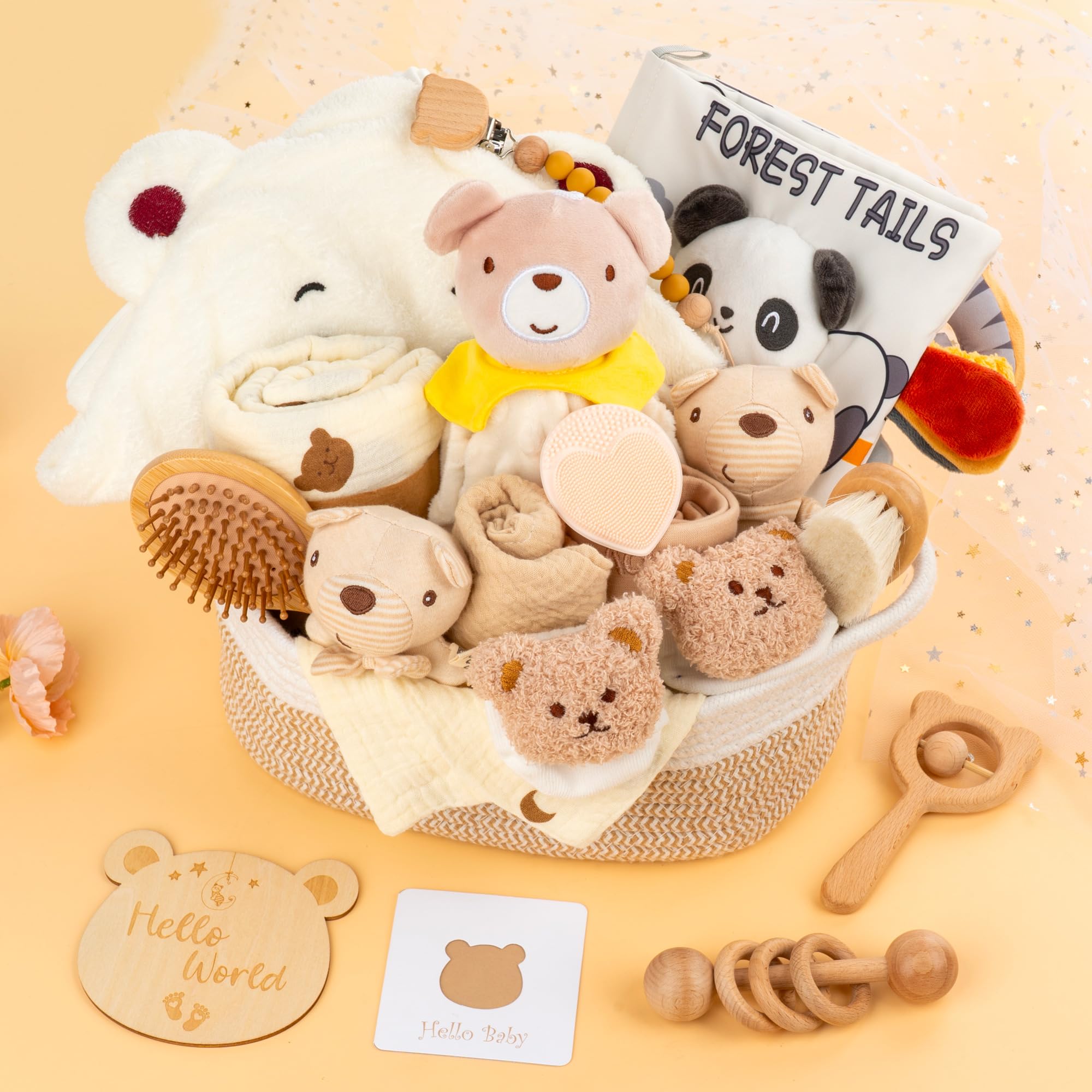 Baby Geschenk Junge, Neugeborenen Set mit Decke, Holzrassel, Haarbürste | Geburtsgeschenk: Neugeborenen Set mit Decke, Handschuhen, Holzrassel, Haarbürste und Polsterbürste.