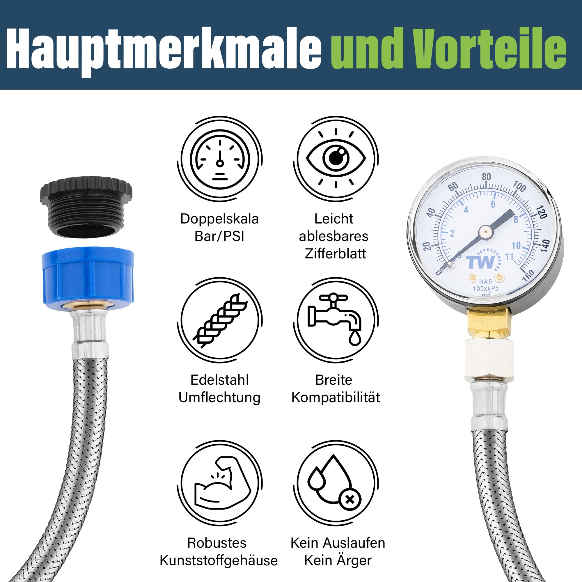 Netzwasser-Manometer - 0-11 Bar / 0-160 PSI - Netzwasserversorgungsdruckmessgerät mit Schlauchhahnanschluss - Sanitärwerkzeug für Haus, Garten & Bewässerungssystem Überwachung