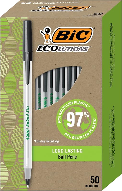 Bolígrafos redondos Stic BIC Ecolutions, punta media, 1,0 mm, 50 unidades | Tamaño de punta de 1,0 mm | Hecho de 97% plástico reciclado | Rendimiento de escritura fluido | Perfecto para aulas, oficinas y uso doméstico
