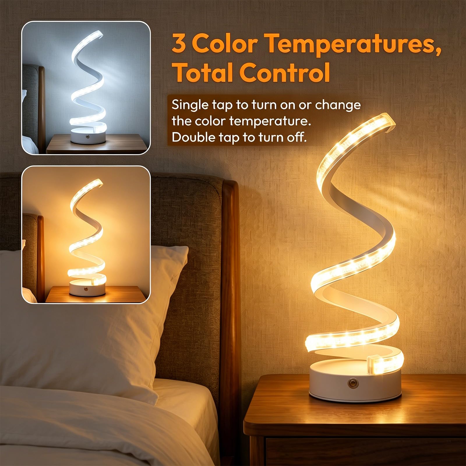 Set 2 Lampade da Tavolo LED a Spirale USB, Autonomia Wireless | ABS, Per Camera e Soggiorno, Touch Dimmer, 3 Temperature Colore, USB-C
