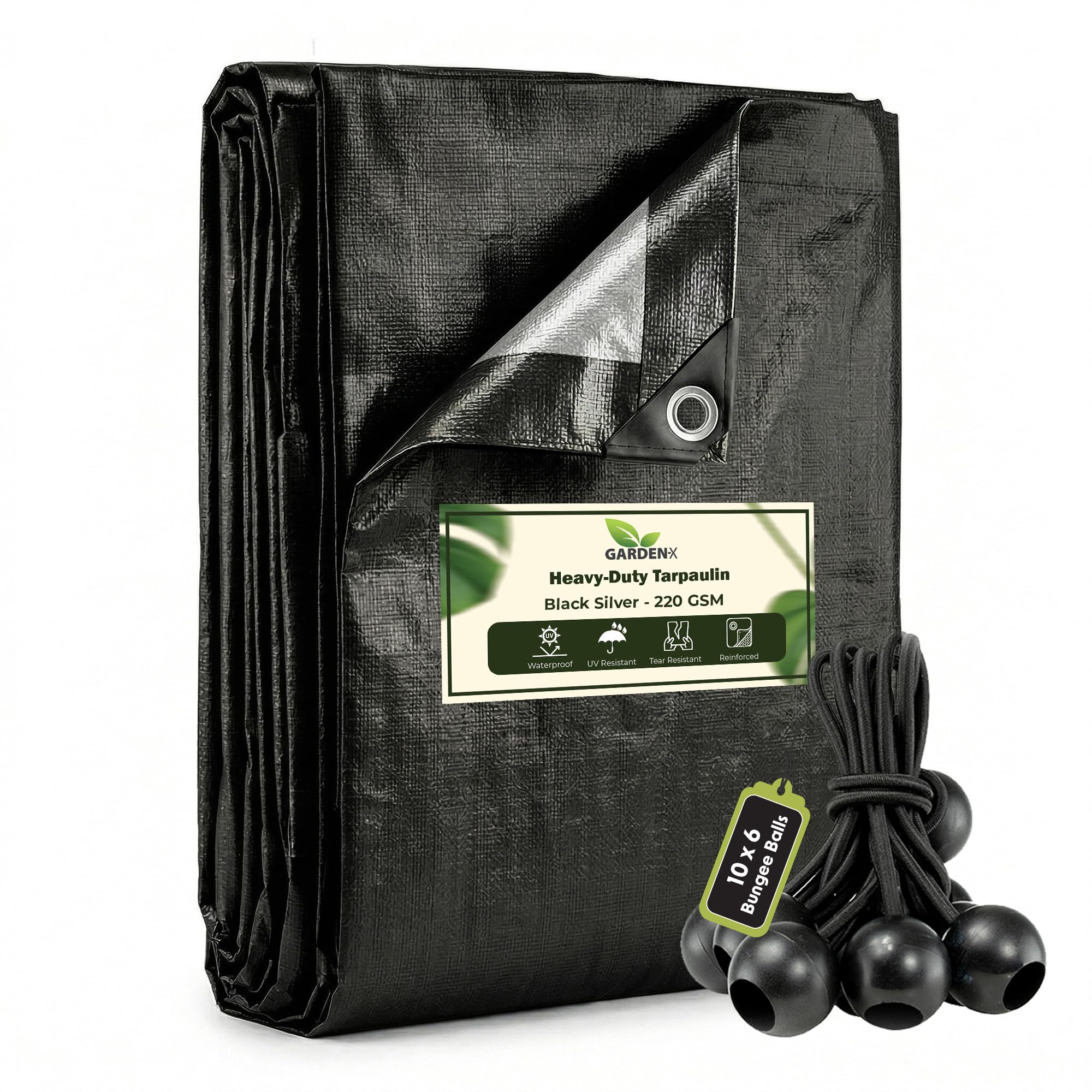 GARDENIX 1.5m x 2m Black Heavy Duty 220gsm- eyelets every 50 cm Tarpaulin Waterproof Tarp Sheet Cover, Groundsheet, Multipurpose, Reinforced + 10 x 6" Bungee Balls (Black)