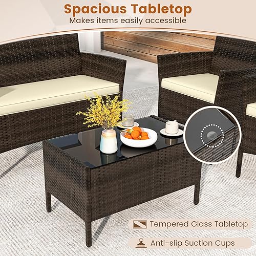 Miniatura 5 de HAPPYGRILL Juego de 4 muebles de mimbre para exteriores, juego de muebles de mimbre para patio con sillas de dos plazas y mesa de café de vidrio