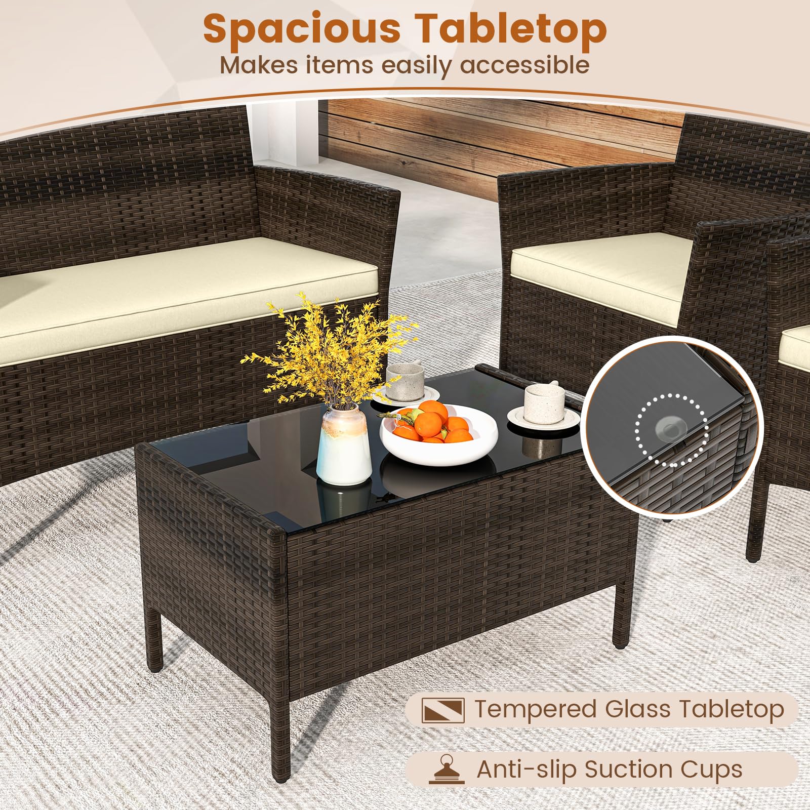 SOARS Gartenmöbel Set aus PE-Rattan, Balkonmöbel mit 2 Sesseln, Zweisitzer, Glas-Couchtisch & Sitzkissen, Outdoor Terrassenmöbel, Balkon Sitzgruppe für Terrasse, Balkon & Garten (Braun+Beige)