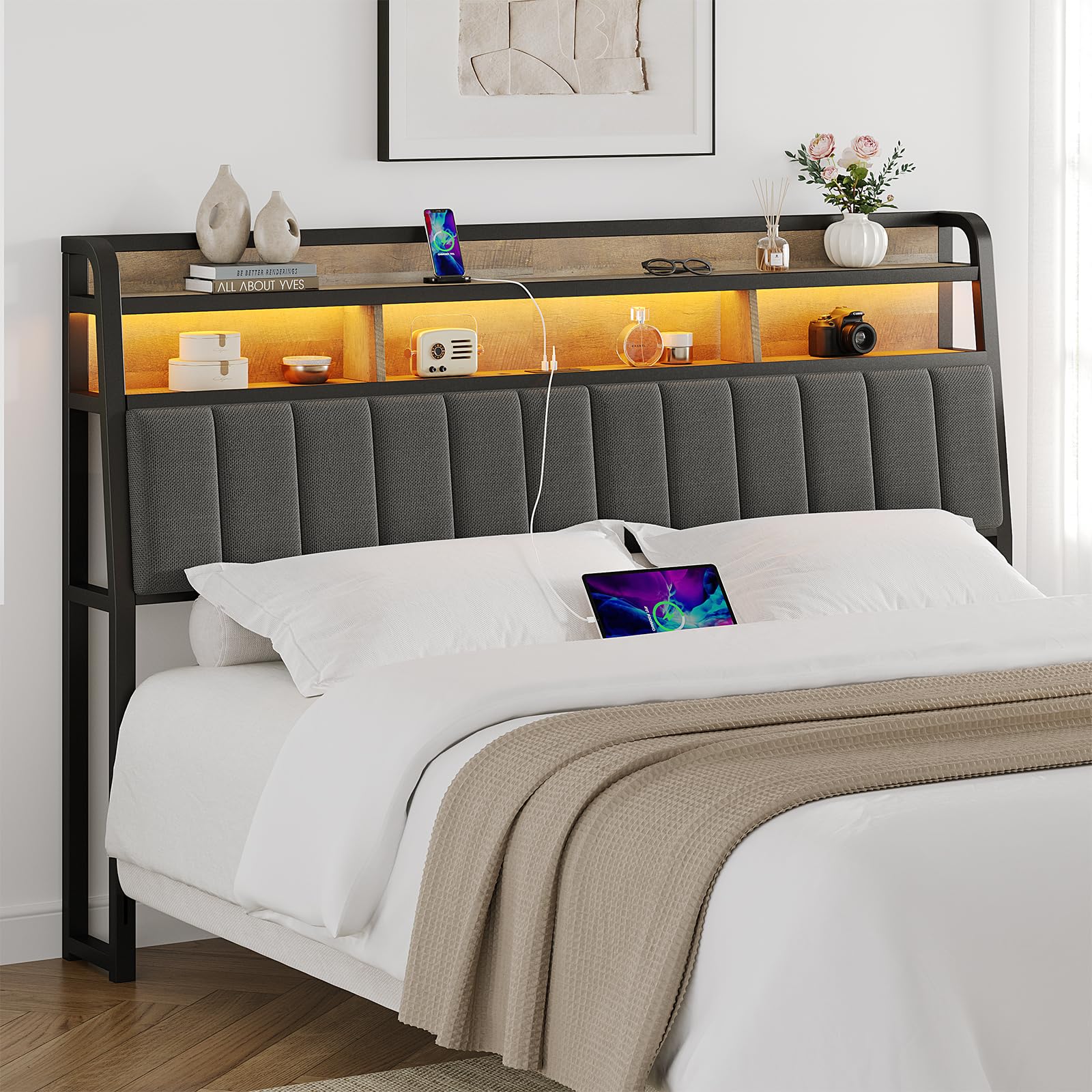 King Size Headboard with Outlets, Upholstered Ergonomic Headboard with 2-Tier Storage, LED Light, King Head Board Only, Height Adjustable, Sturdy and