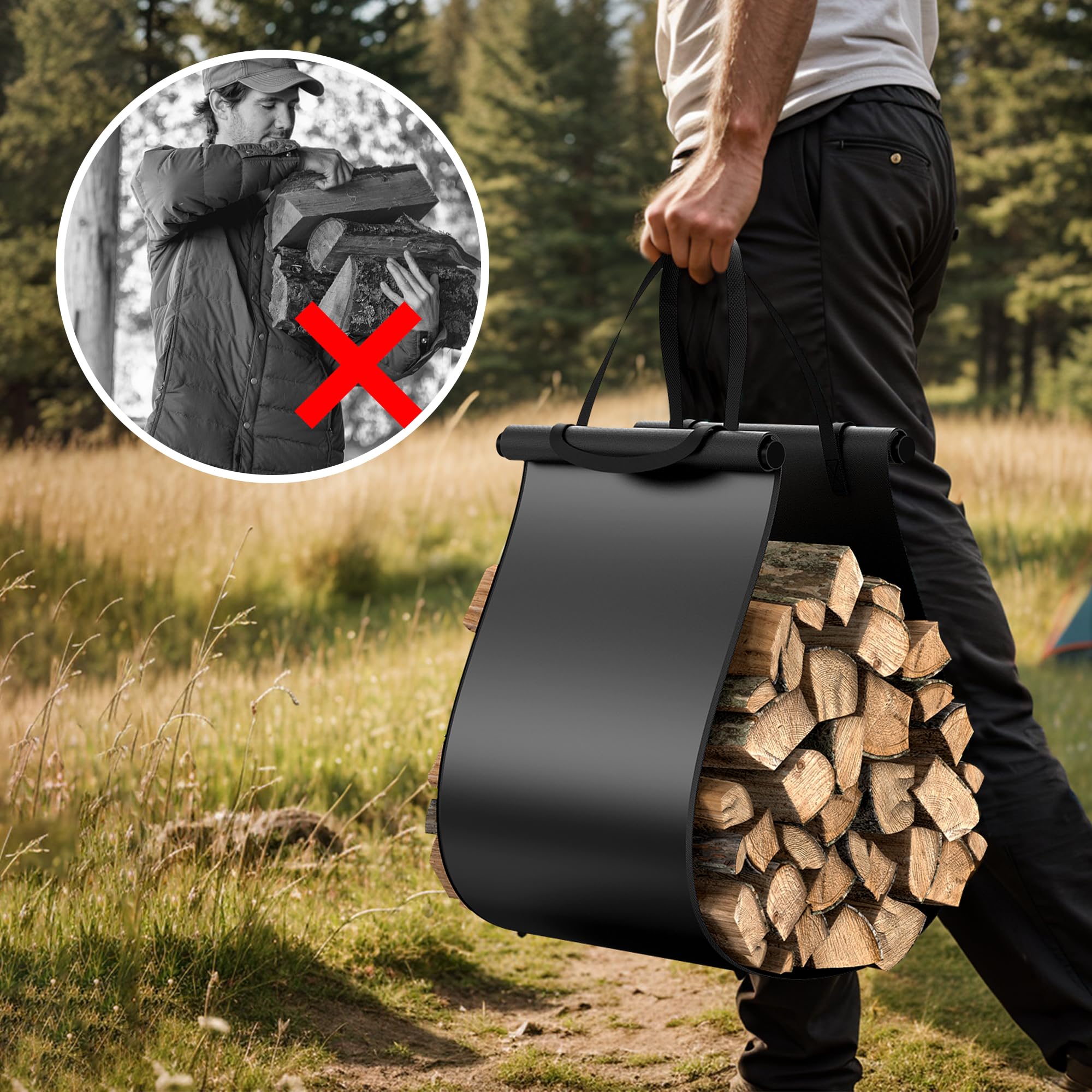 Firewood Rack With Canvas Tote Carrier – Heavy Duty, 16x15x13.5 Inches, Black Metal