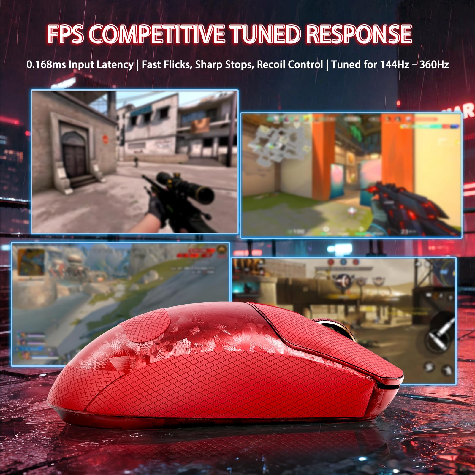 MAMBASNAKE ATTACK SHARK RS3 ULTRA Carbon Fiber Wireless Gaming Mouse, Nordic 54L15 MCU, PAW3955MAX Sensor, Up to 52000 DPI, 66g Lightweight, Dual 8000Hz, Shark-fin Dongle Design, for PC/MAC/PS, Red