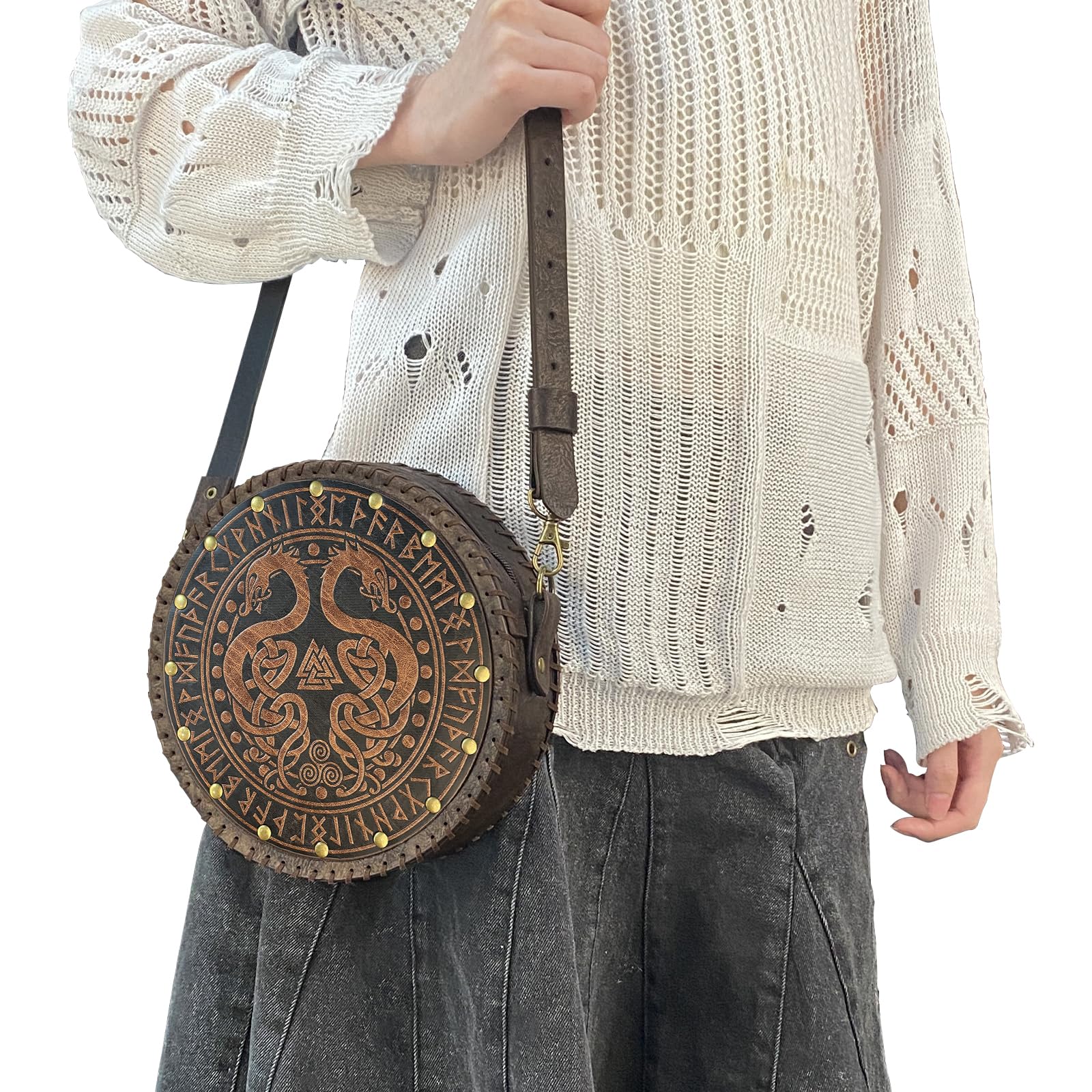 HiiFeuer Sac à bandoulière gaufré Viking, Nordique Sac à ceinture en faux cuir Sacoche, Sac à bandoulière portable pour cosplay médiéval (Marron A)