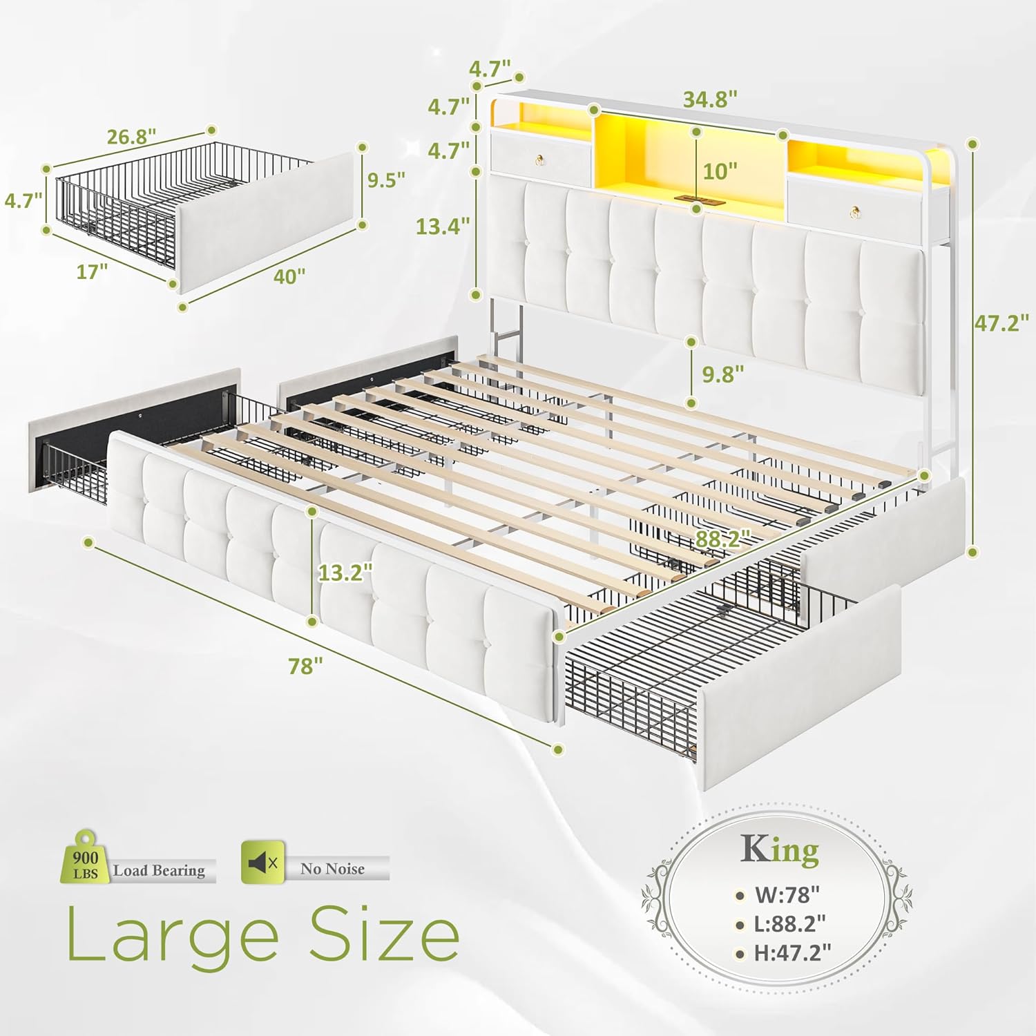 Diagram showing the dimensions of the King bed frame (88.2 inches L x 78 inches W x 47.2 inches H) and its 900 lbs load bearing capacity, along with a 'No Noise' icon.