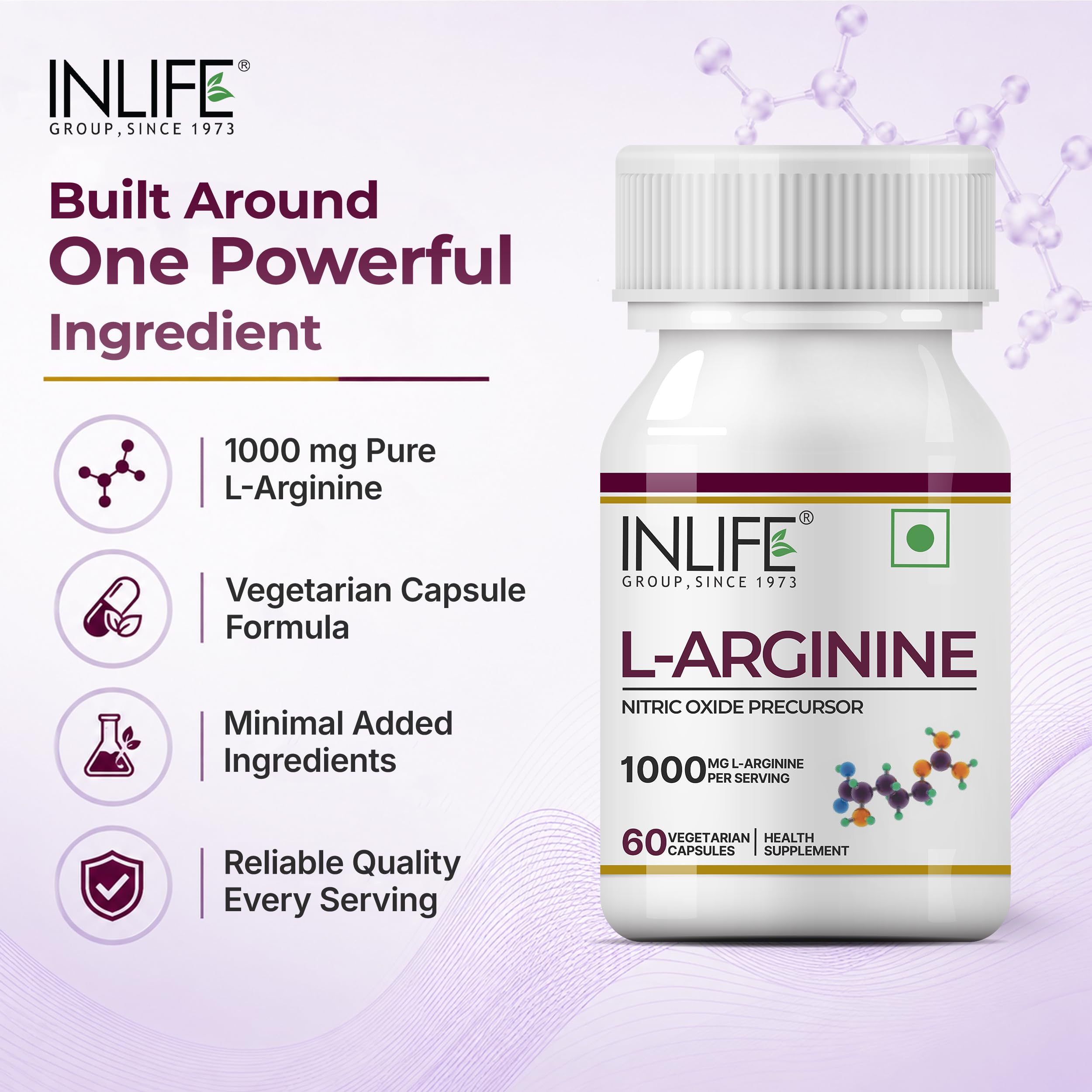 INLIFE L-Arginine Supplement 1000mg, Nitric Oxide Precursor, 60 Veg Caps 1