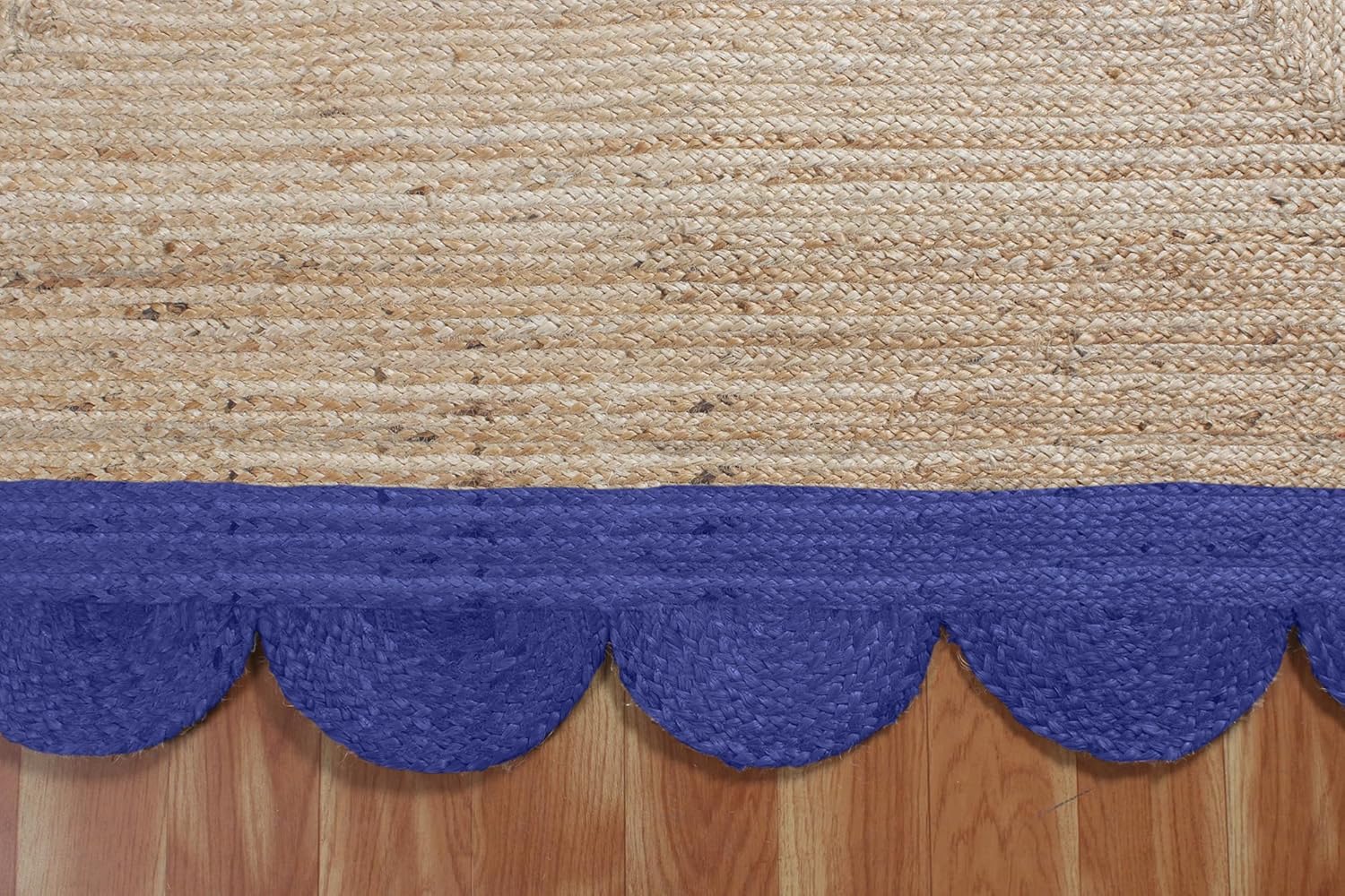 Scalloped Runner Rug, Braided Natural Jute Fiber Area Rug, 4x20 Ft Beige & Navy Blue Woven Kilim Rug for High Traffic Area Living Room, Kitchen, Entryway, Farmhouse