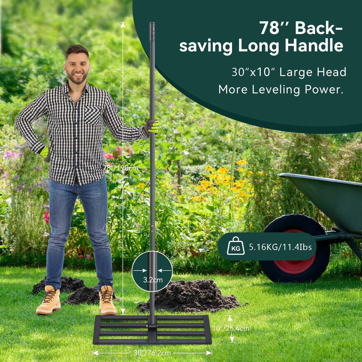 GARDTECH 80cm Heavy Duty Lawn Leveling Rake - Adjustable Handle (150-210cm), Folding Head, Soil & Sand Leveler Tool-502783