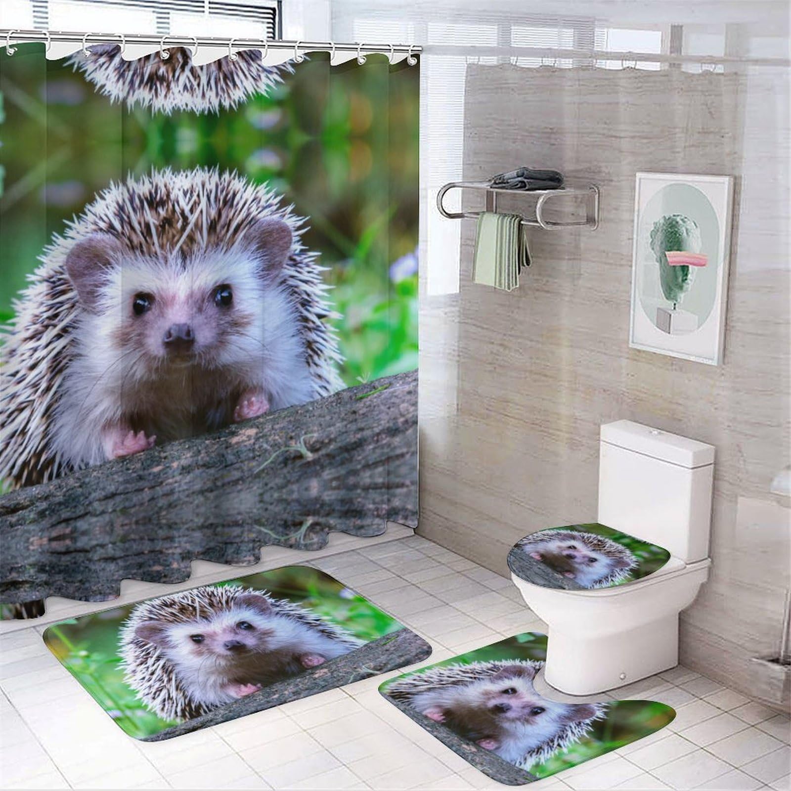 Wlntrophic Bathroom Mat Set 4 Piece, Cute Little Hedgehog Shower Curtain with Non-Slip Bath Mats for Bathroom