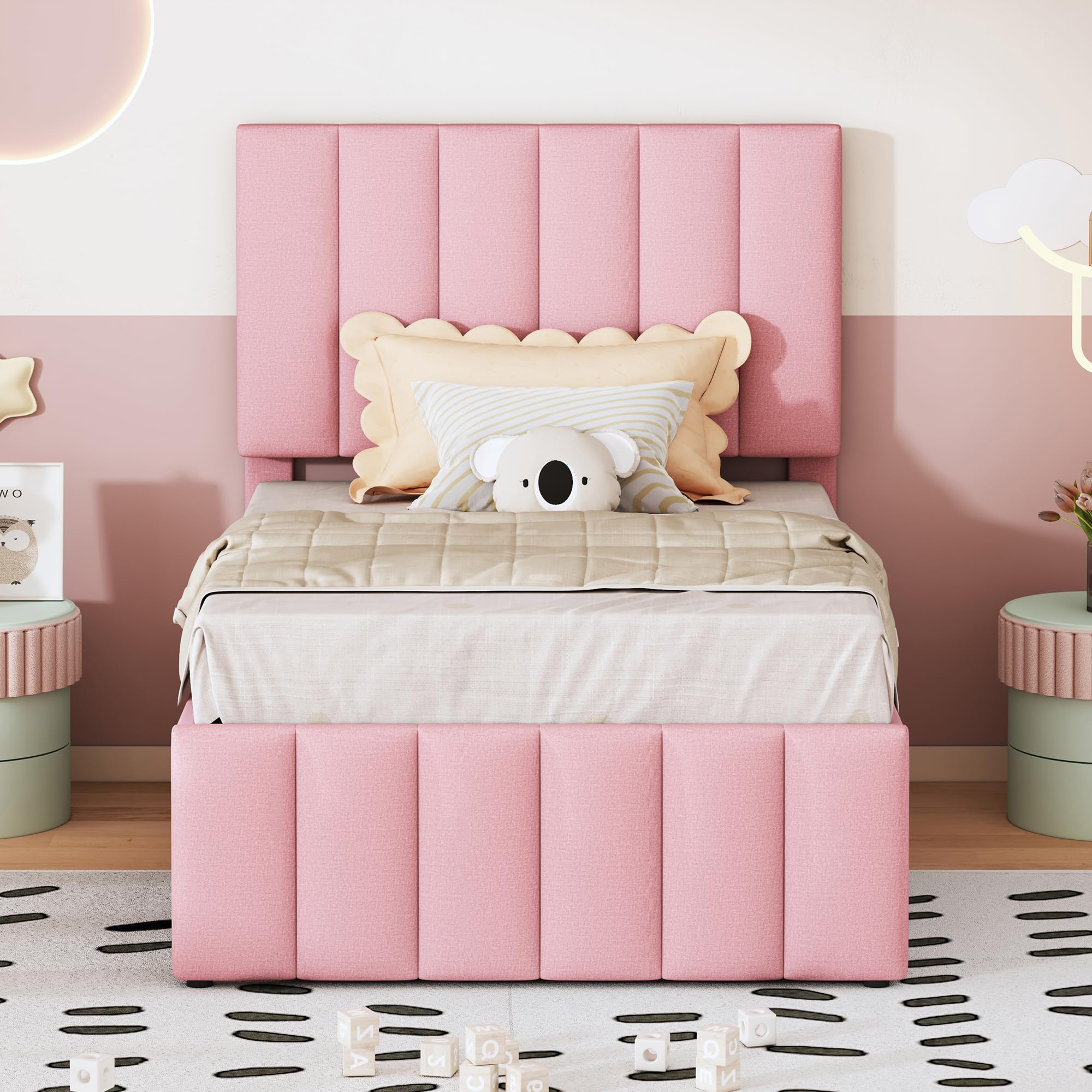 Cama tapizada de 90 x 200 cm con cama plegable y cajones de almacenamiento, acolchado de lino respetuoso con la piel, cama individual, cama infantil, cama juvenil, cama de invitados (rosa)