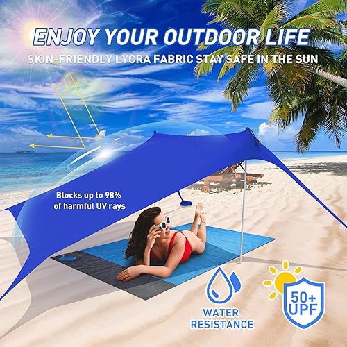 Miniatura 2 de Zeepair Tienda de campaña de playa, toldo desplegable UPF50+ con 4 postes de estabilidad, bolsa de transporte, clavijas de tierra, pala de arena,