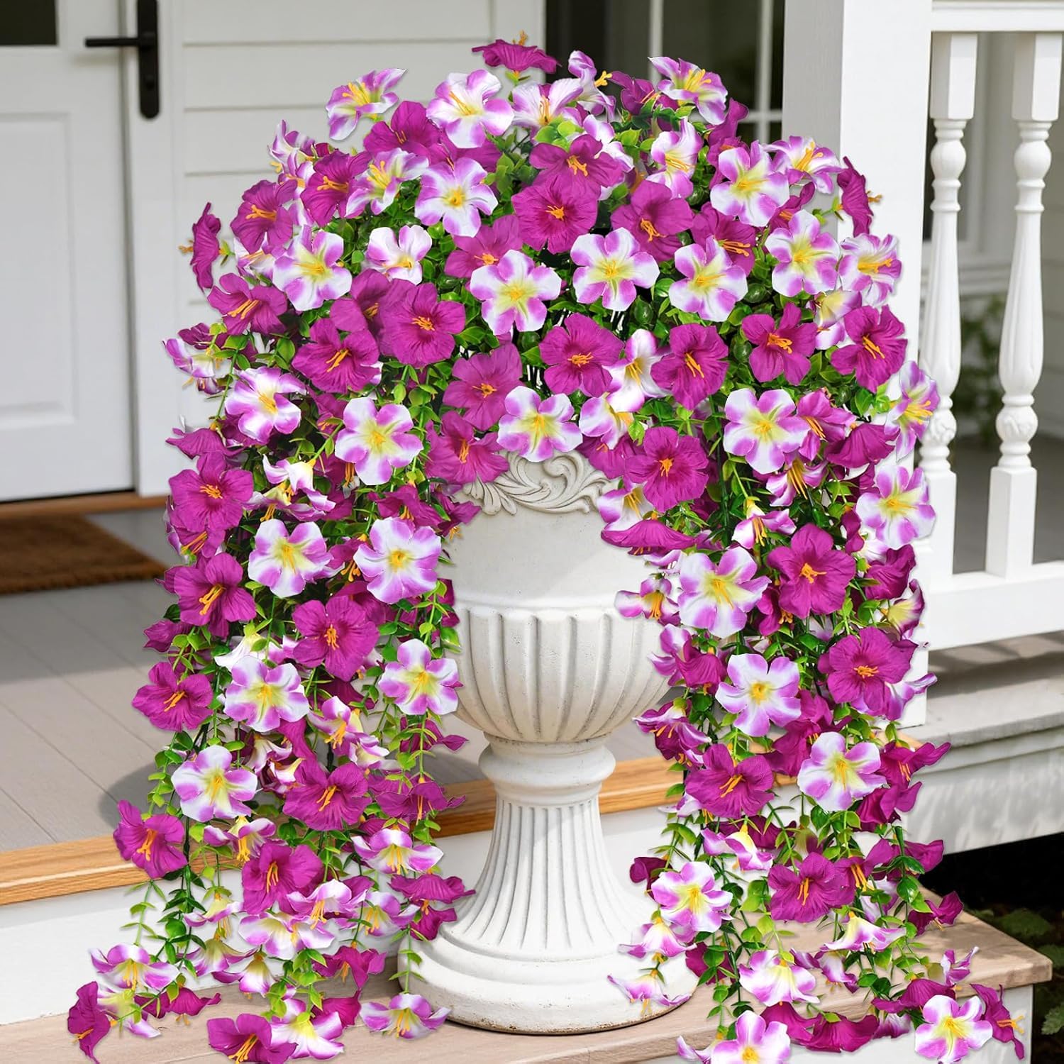 Artificial Hanging Petunias Flowers for Outdoors,4 Pcs UV Resistant Fake Plants Summer Outside Decor Faux Silk Morning Glory Long Trailing Vines for Home Garden Yard Balcony (Orchid Deep Orchid)