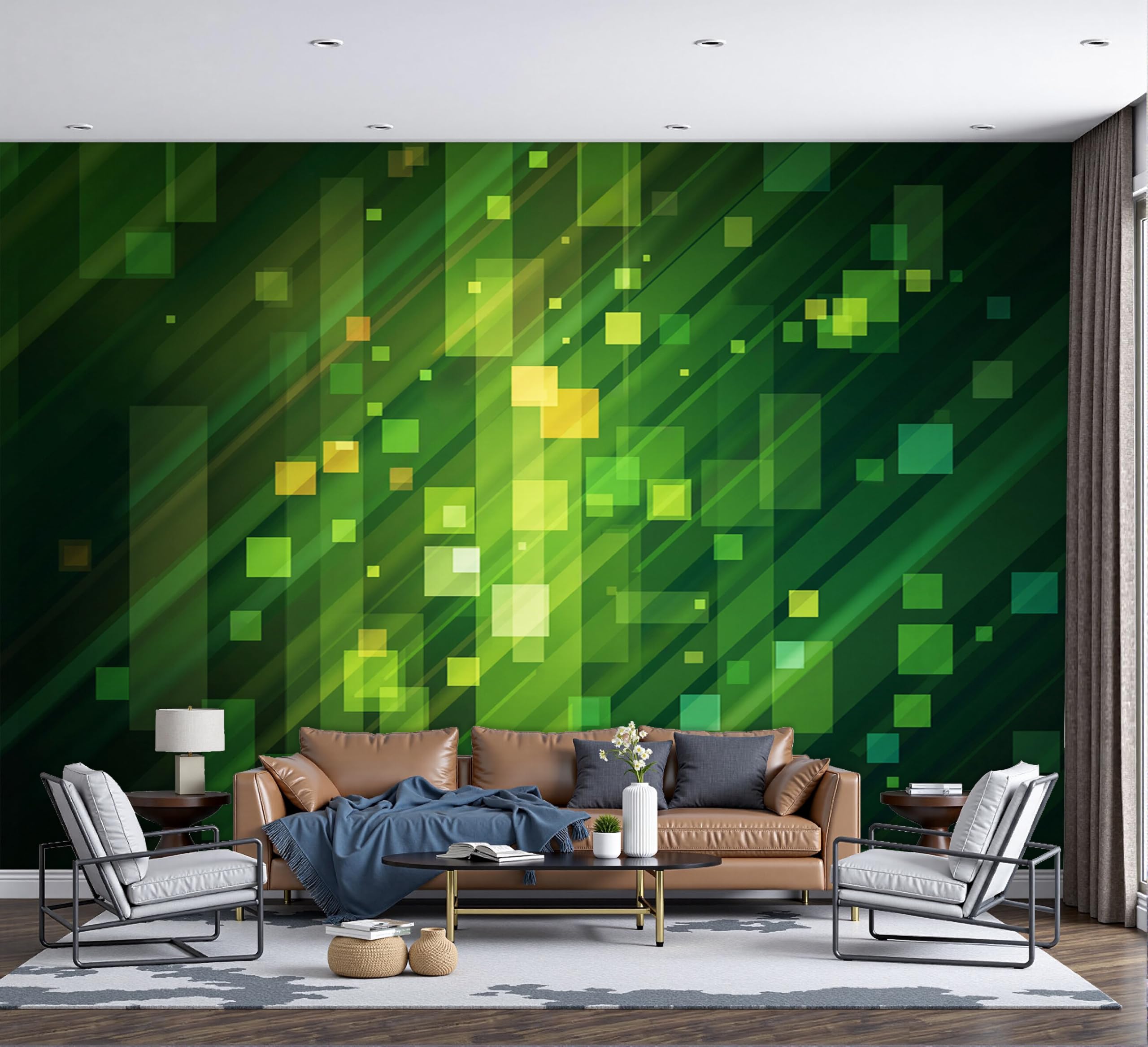 Mural de seda verde 200x140cm con diseño de mosaico cuadrado 3D