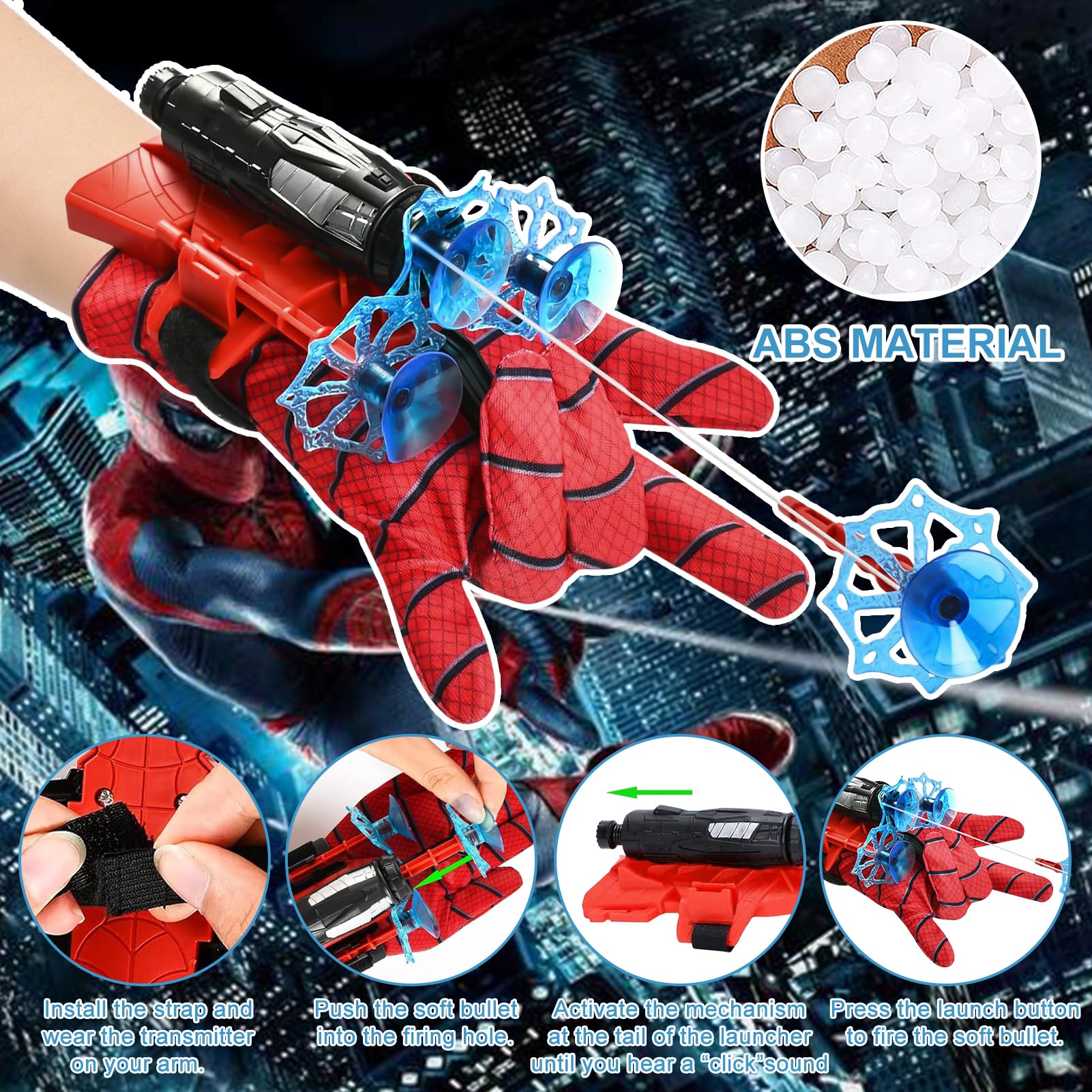 Set di 2 Spid-er Guanti per Bambino, Spara Ragnatele Spiderm, Spiderm Glove Launcher Set, con Maschera Spid-er e Tatuaggi, Cosplay Giocattoli da Polso, Giochi Bambino 3+ Anni