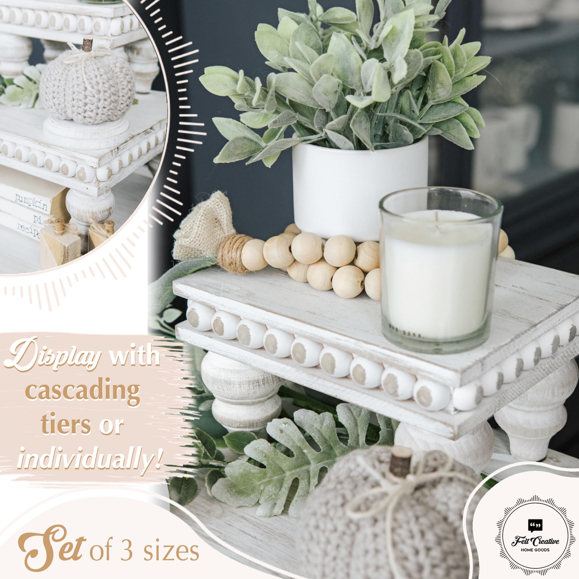 Bandeja decorativa [Juego de 3] Soporte de madera escalonado para exhibición, bandeja escalonada para uso en mesa, isla de cocina, cafetería, elevadores de madera, soporte de pedestal con cuentas
