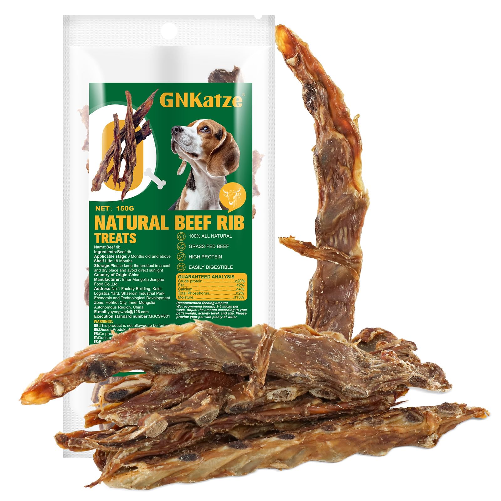 Beef Rib Bones Dog Treats,100% Natural Rib Bone Beef Chews from Grass Fed Cattle,Long Lasting Dog Chew Bones for Aggressive Chewers,Promotes Dental Health,150G