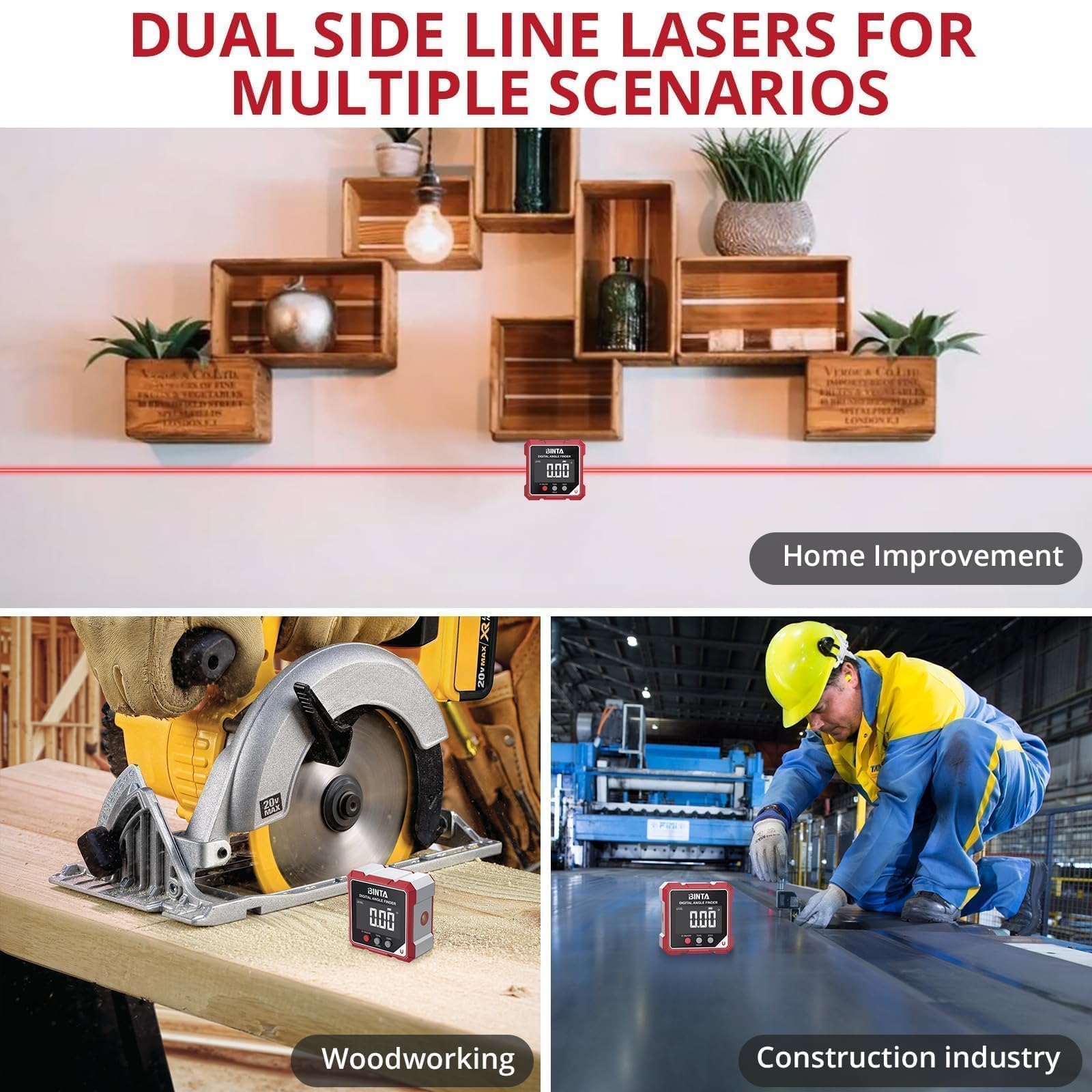 BINTA Inclinomètre Numérique 4×90° Laser Magnétique Rechargeable IP54 | Inclinomètre 4×90° précision ±0,1°, double laser, base magnétique 4 faces, écran LCD inversé, USB-C rechargeable, IP54