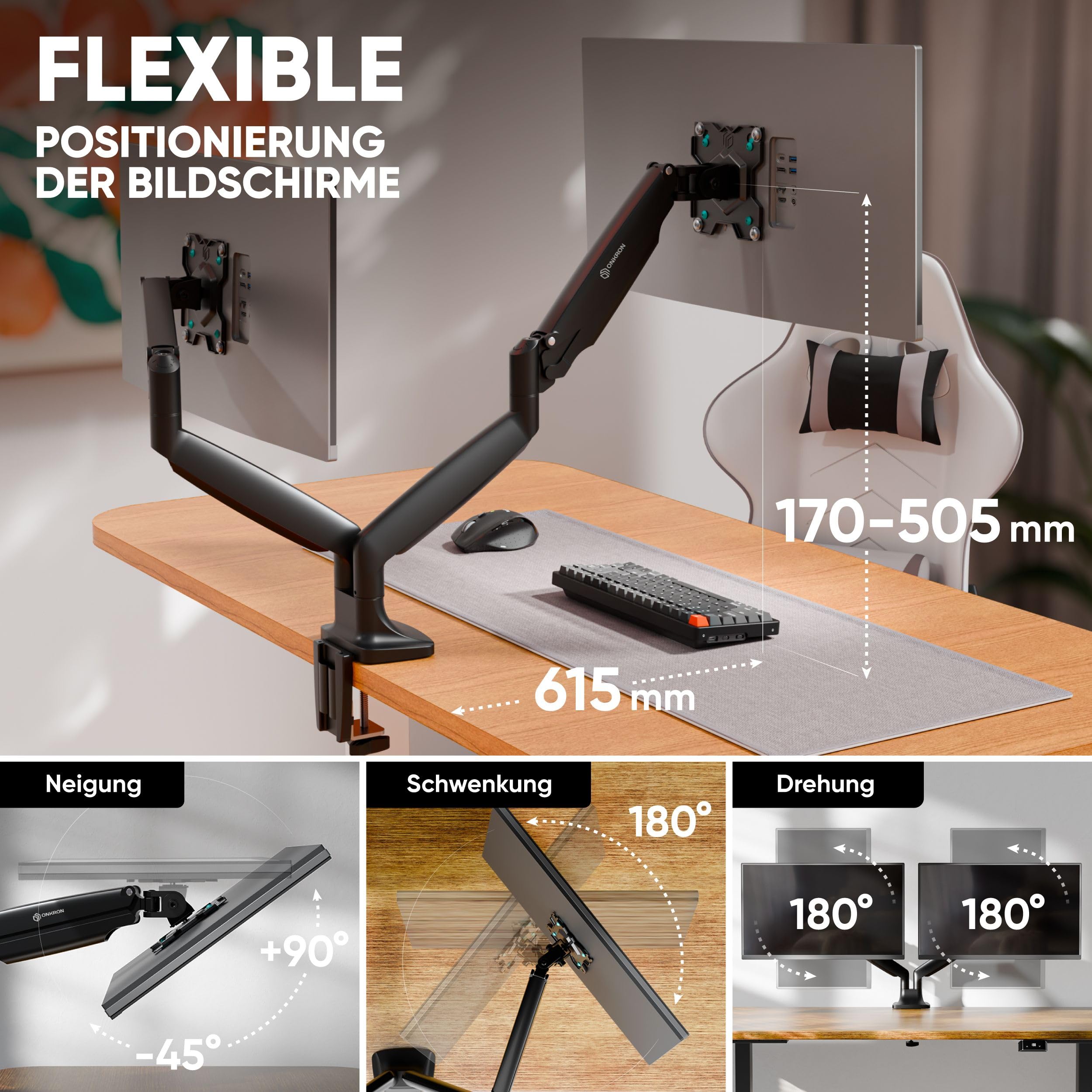 ONKRON dual Monitor Halterung 13-32", 9 kg (x2), max VESA 100x100, G200-B | Doppel Monitorarm bis 61,5 cm ausziehbar, Gasdruckfeder, schwenkbar, drehbar, Klemm-/Bohrmontage; für Homeoffice & Gaming