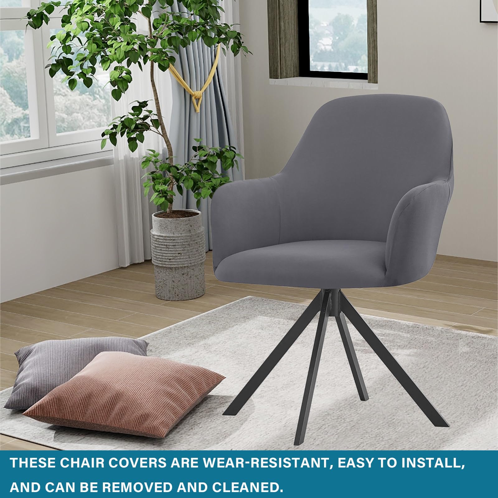 Coprisedie Con Schienale, Impermeabile Fodera Poltroncina Sala Pranzo Elasticizzato Girevole Fodere Coprisedia Per Sala Da Pranzo Stile Nordico Moderno-Grigio Scuro-4 Pezzi