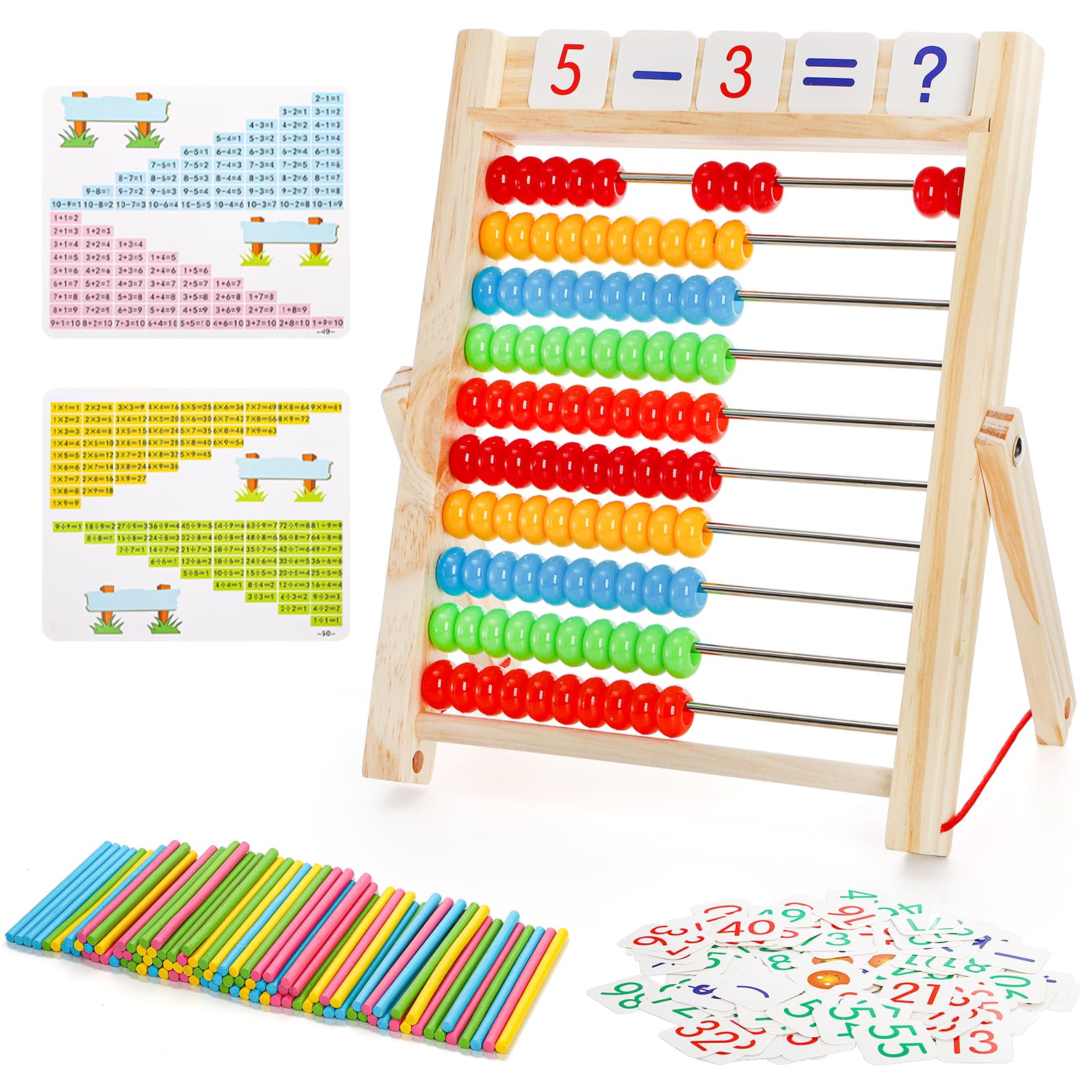 Suwimut Wooden Abacus for Kids Math with Counting Sticks and Number Toys Cards 1-100, 10-Row Wooden Frame Abacus with Multi-Color Beads, Preschool Math Learning Toys for Boys Girls Age 3+ Years Old