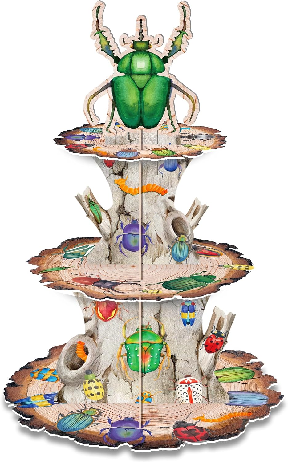 Insect Cupcake Stand, 3 Tier Beetle Bug Party Cardboard Round Serving Tray Stand Dessert Tower Cupcake Holder, Kid Funny Birthday Supplies