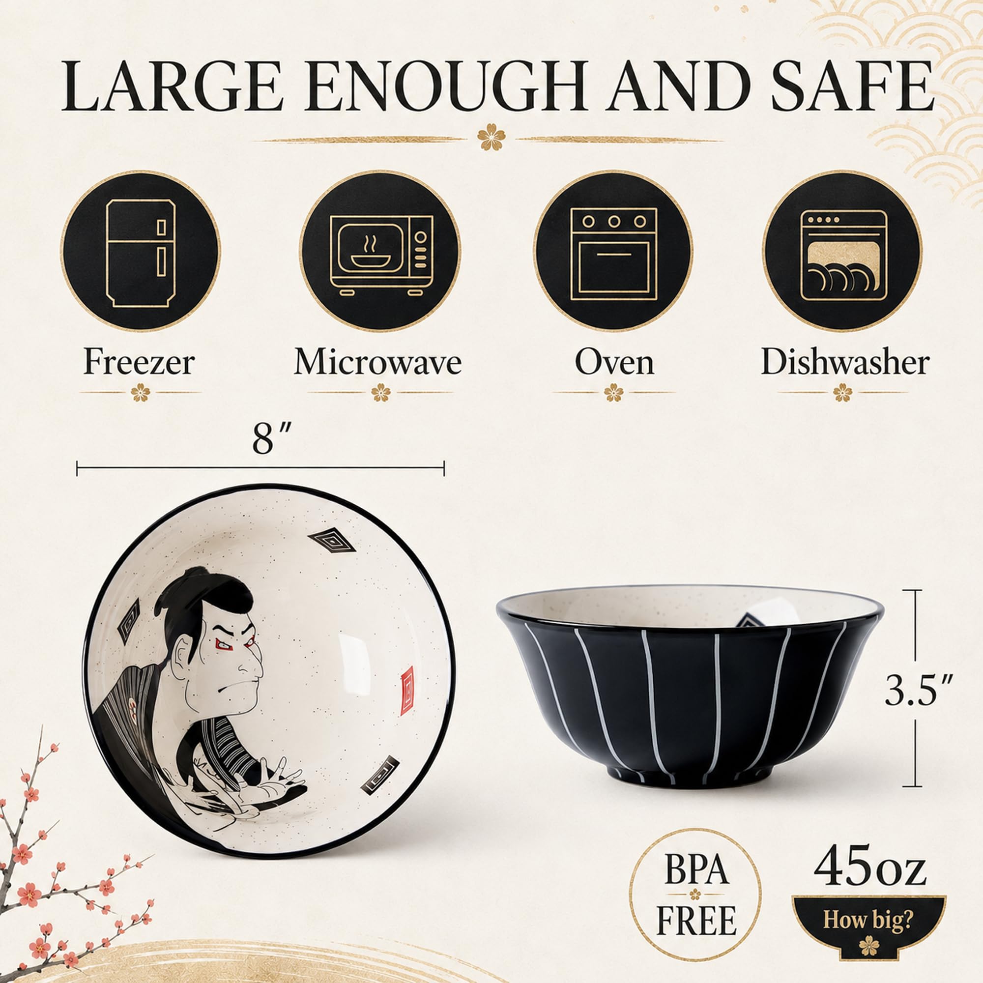BICETTO Ramen Schüssel-Set, 2-teilig, Porzellanschalen, 1,3 l, Samurai