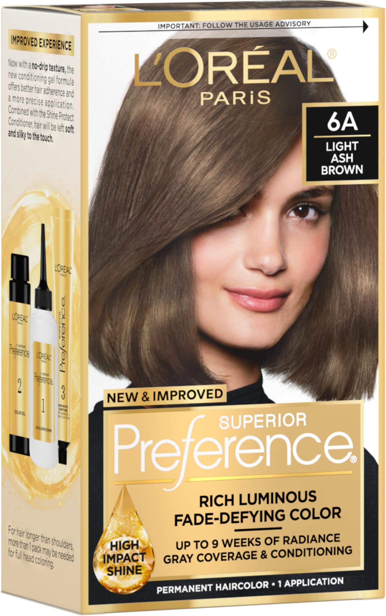 Superior Preference Luminous Fade-Defying Permanent Hair Color, Hair Dye For Up to 9 Weeks of Radiance, Light Ash Brown 6A, 1 Hair Dye Kit