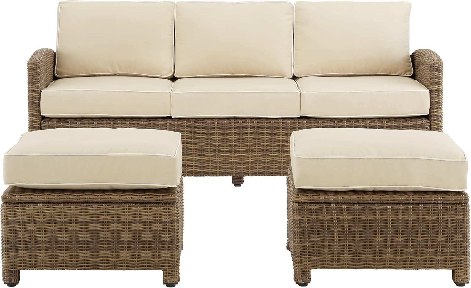 Crosley Furniture Bradenton 3-Piece Outdoor Sofa Patio Furniture Set, Wicker Conversation Sets for Porch, Brown with Sand Cushions