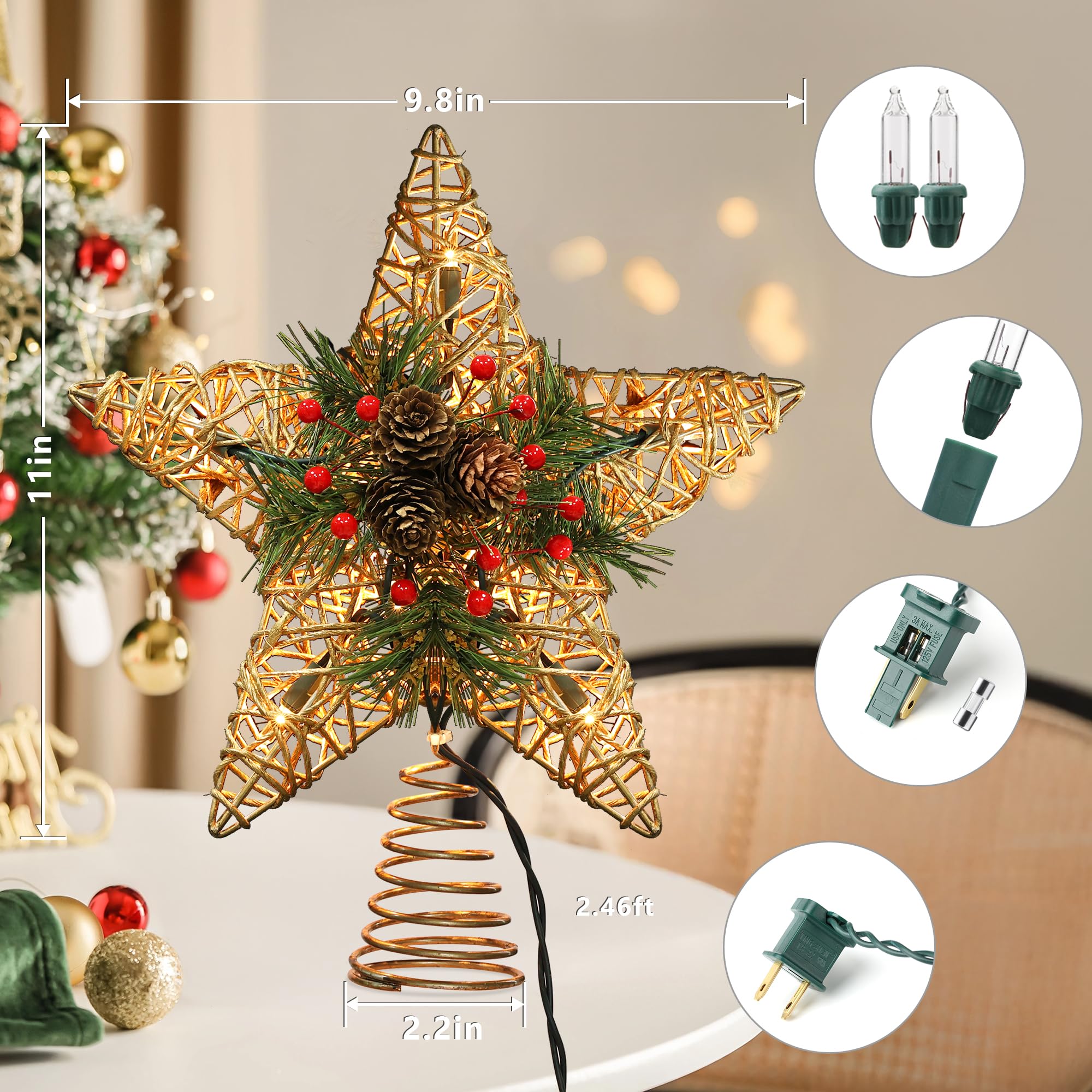 BrizLabs Étoile en rotin avec 10 lumières chaudes, 28 cm, certifié UL, décoration d'intérieur