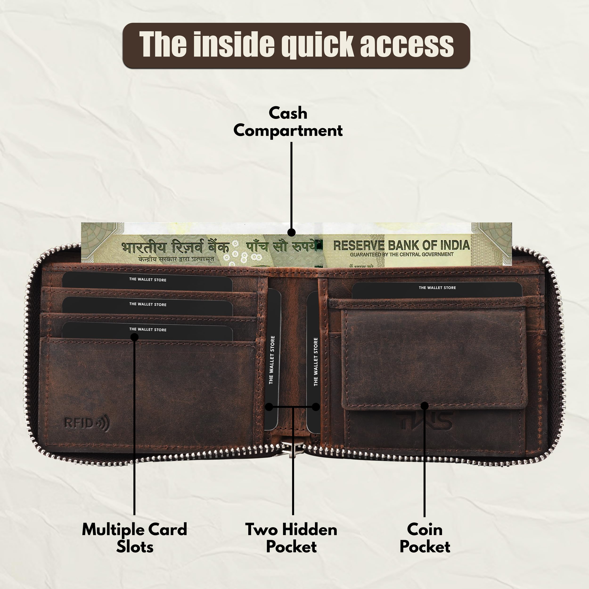 The Wallet Store Majestic Genuine Leather Zipper Wallet For Men