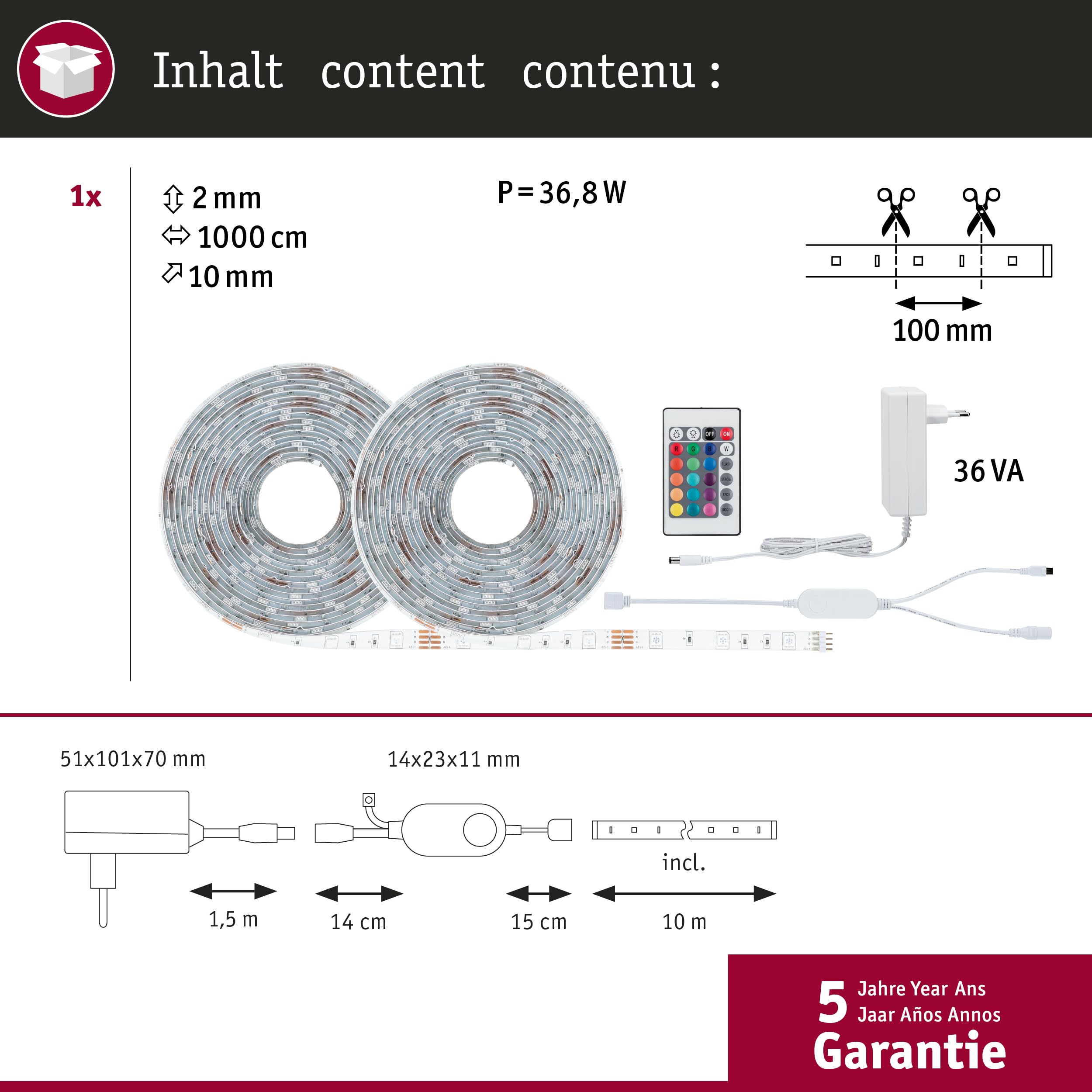 Paulmann 70535 SimpLED LED Strip Smart Home Zigbee RGB Komplettset 10m 26W 900lm 30LEDs/m RGB 36VA Profil für Leuchtstreifen