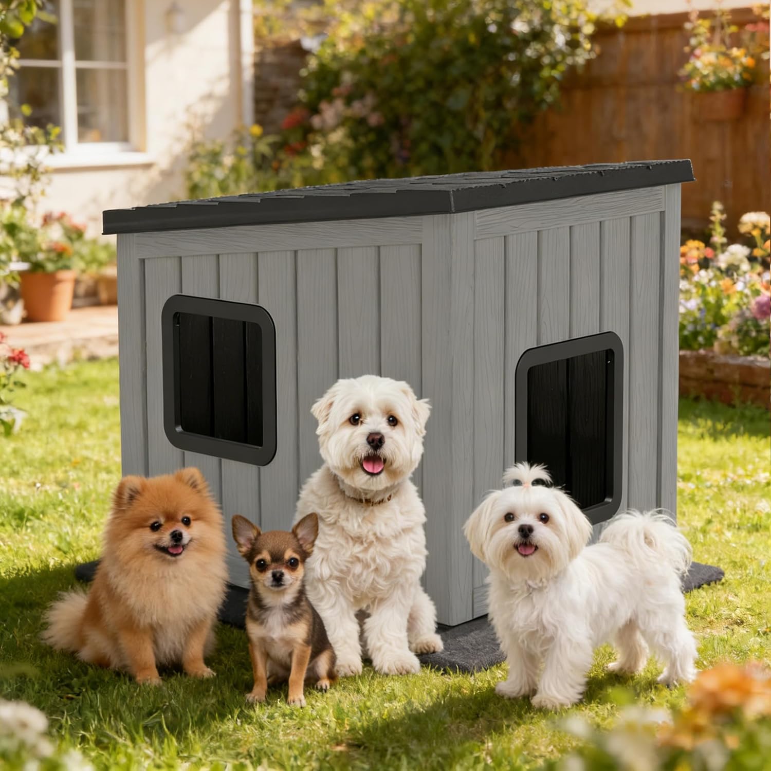 NUNU LAB Outdoor Dog House – Weatherproof PP Plastic Dog Shelter with Sloped Roof, Waterproof & Windproof Kennel for Small & Medium Dogs, Easy to Clean(Gray & Blue)