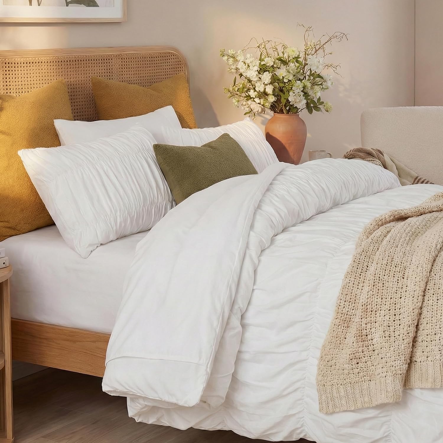 Bedbay 100% Cotton Ruched Comforter Set Queen Size,White Ruffle Comforter Set,Cotton Ruched Bedding Set,Romantic Vintage Ruffle Comforter 3 Pcs, Luxury Textured Pleat Artistic Bedding for All Seasons