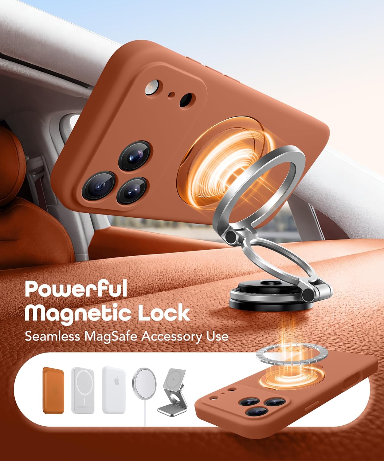 GolbinBox for iPhone 17 Pro Case with 360° Spin Magnetic Stand,[Compatible with MagSafe][Full Camera Protection],Full Body Shockproof Liquid Silicone Case with Ring Stand for 17 Pro 6.3'', Rose Orange - Image 3