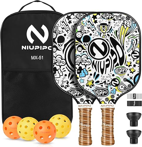 niupipo Pickleball Paddles, Lightweight Pickleball Rackets wFiberglass Surface,Fiberglass Pickleball Paddles Set with 4 Pickleball Balls and 1 Bag