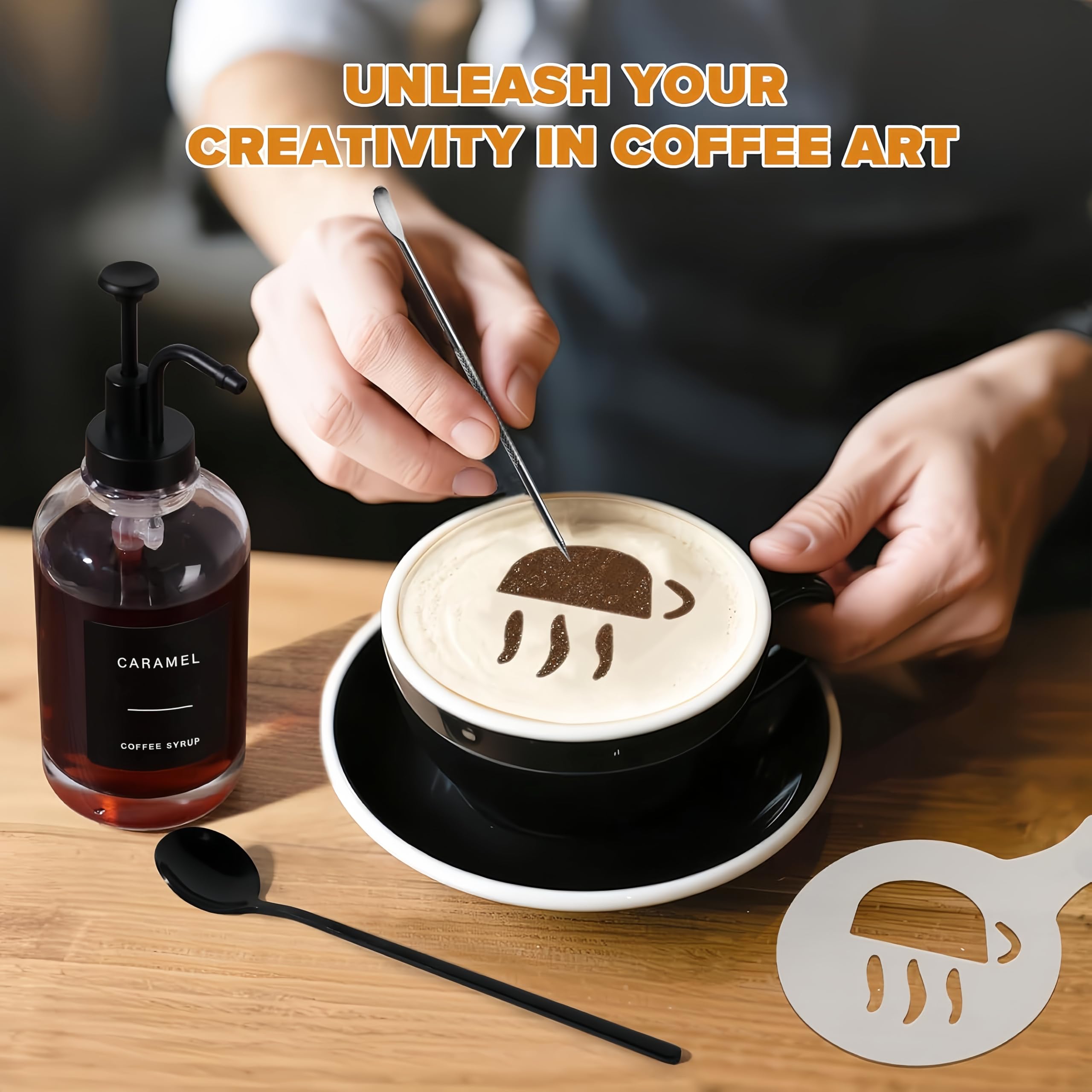 BIKALAN Sirup Spender für Kaffeebar, 500ml Kaffee Sirup Flaschen für Kaffeestation, Kaffeesirup Pumpspender für Küche mit 36 Aufkleber, Faltbar Trichter aus Silikon, 16.9 oz, 4 Packung