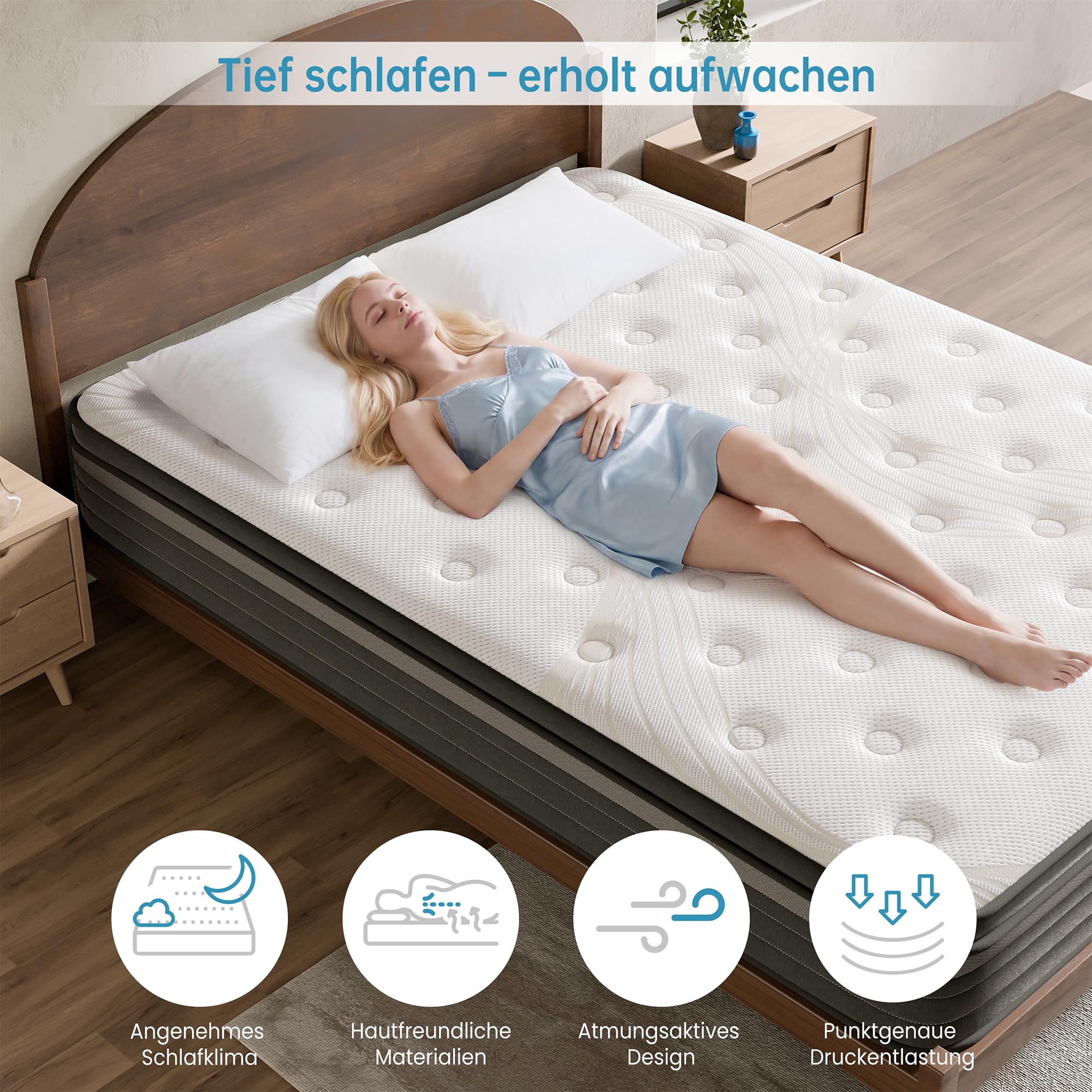 TeQsli Taschenfederkernmatratze 90x200cm Höhe 25cm Härtegrad H3 – orthopädische 9-Zonen Matratze mit Gel-Memory-Schaum, Rücken- & Druckentlastung, atmungsaktiver Bezug, Öko-Tex & CertiPUR zertifiziert