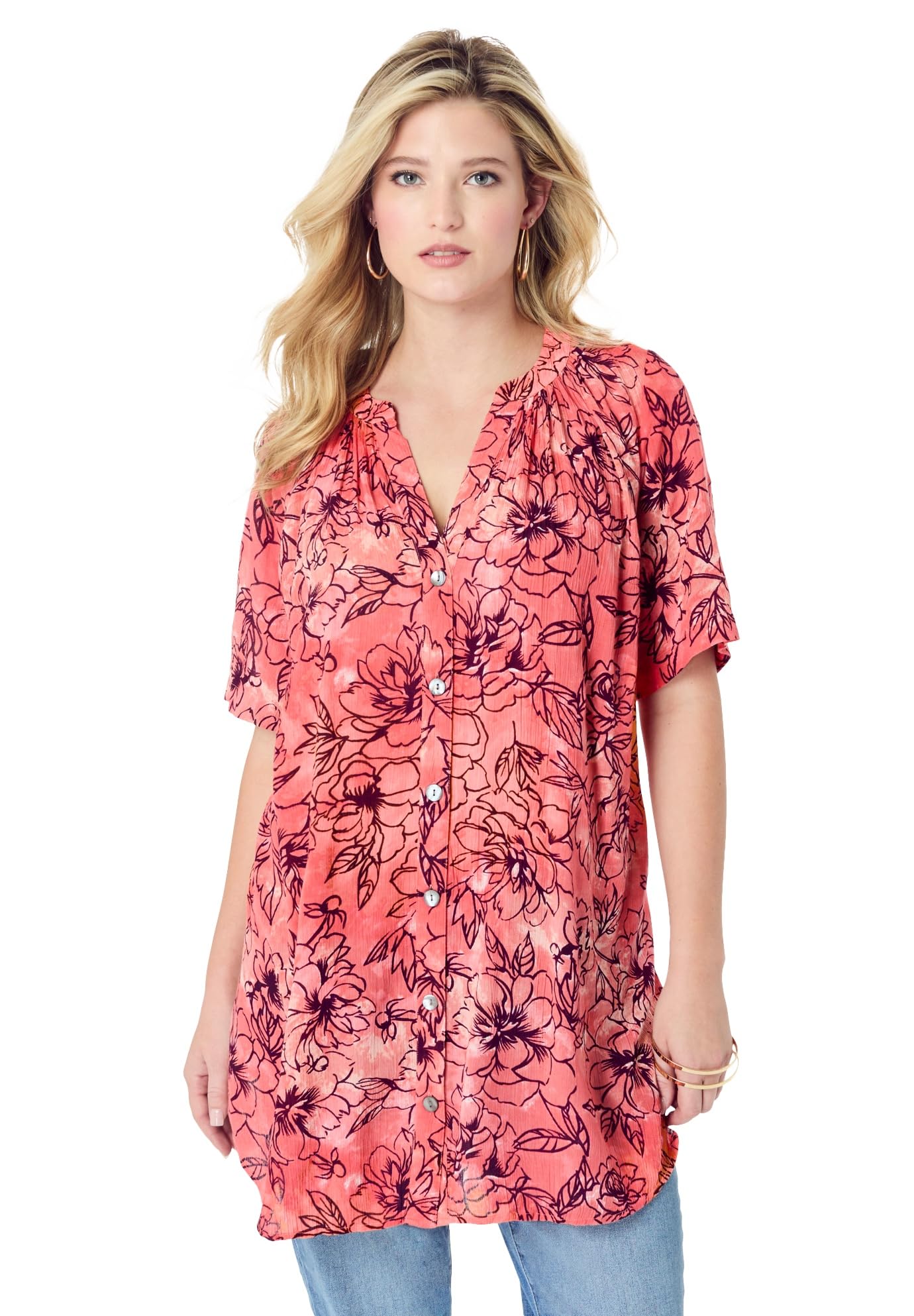 Roaman's Women's Plus Size Angelina Tunic Top – Short Sleeve, Flowy Fit, Everyday Comfort
