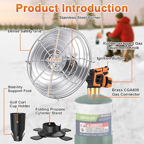Miniatura 2 de Calentador de carrito de golf, calentador de propano portátil de 9200 BTU con base doble, soporte para tazas y soporte de cilindro plegable, para