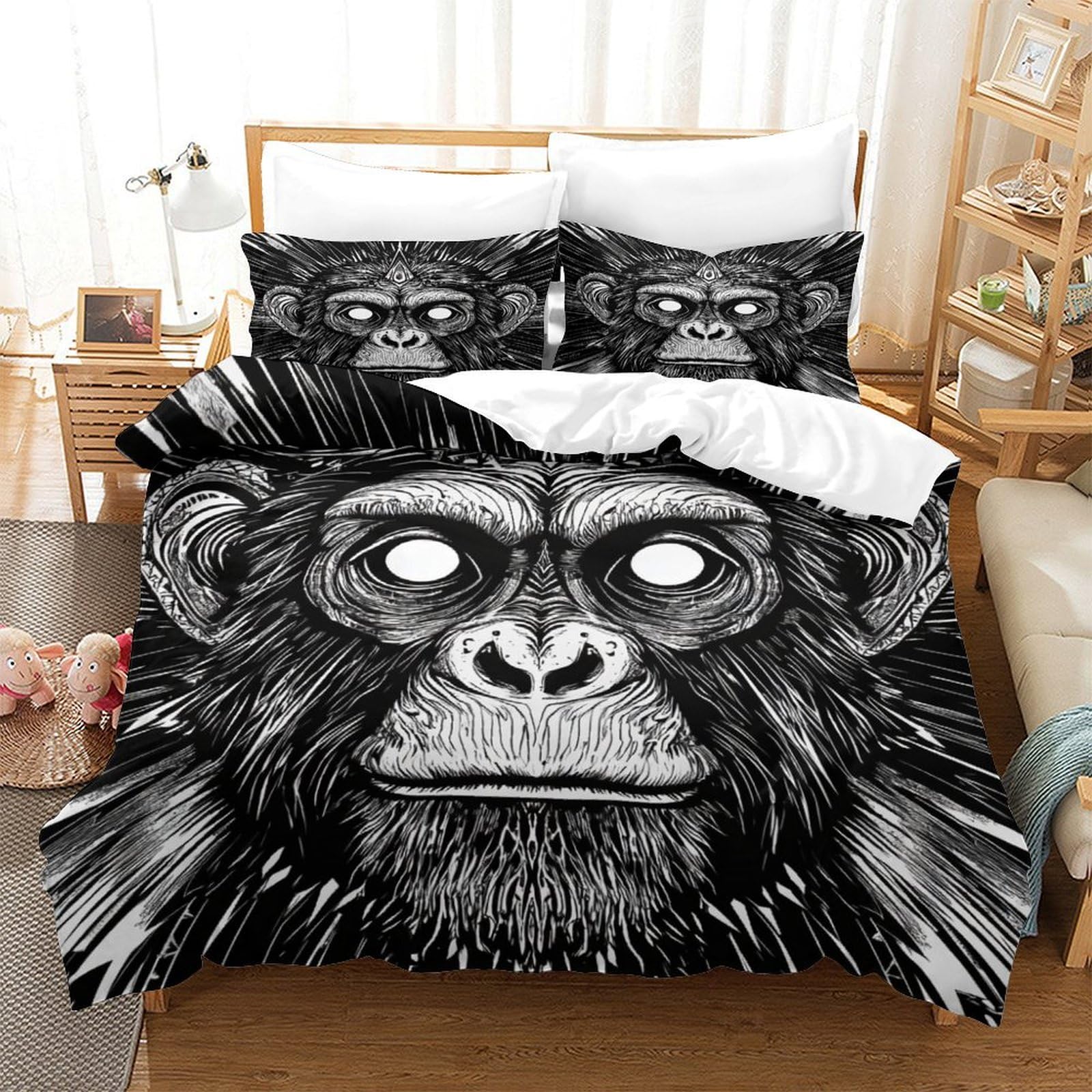 P1s9u7w5y Monkey-3 3D Printed Black Monkey Duvet Cover Set 3Pcs Microfiber Abstract Ape Bedding Set Double（200X200cm）